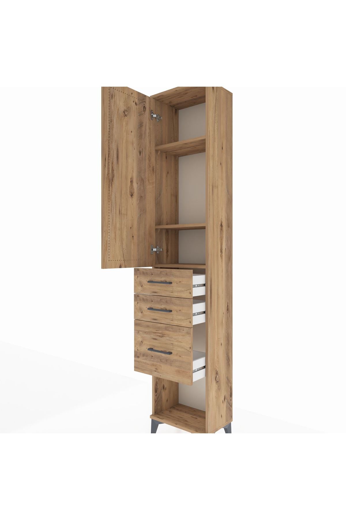 Arges Dolap 3 Raflı 3 Çekmeceli Tek Kapaklı 44x30x221 Çam-Çam