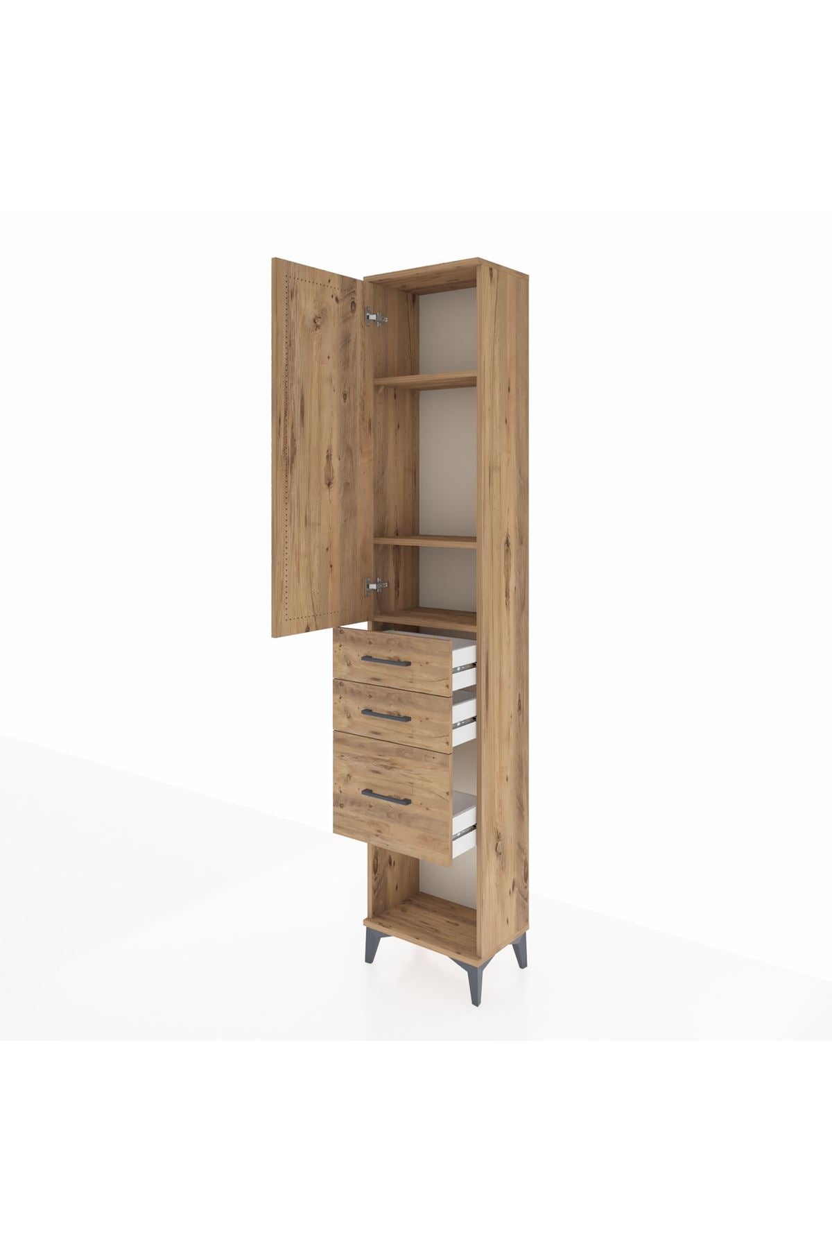 Arges Dolap 3 Raflı 3 Çekmeceli Tek Kapaklı 44x30x221 Çam-Çam