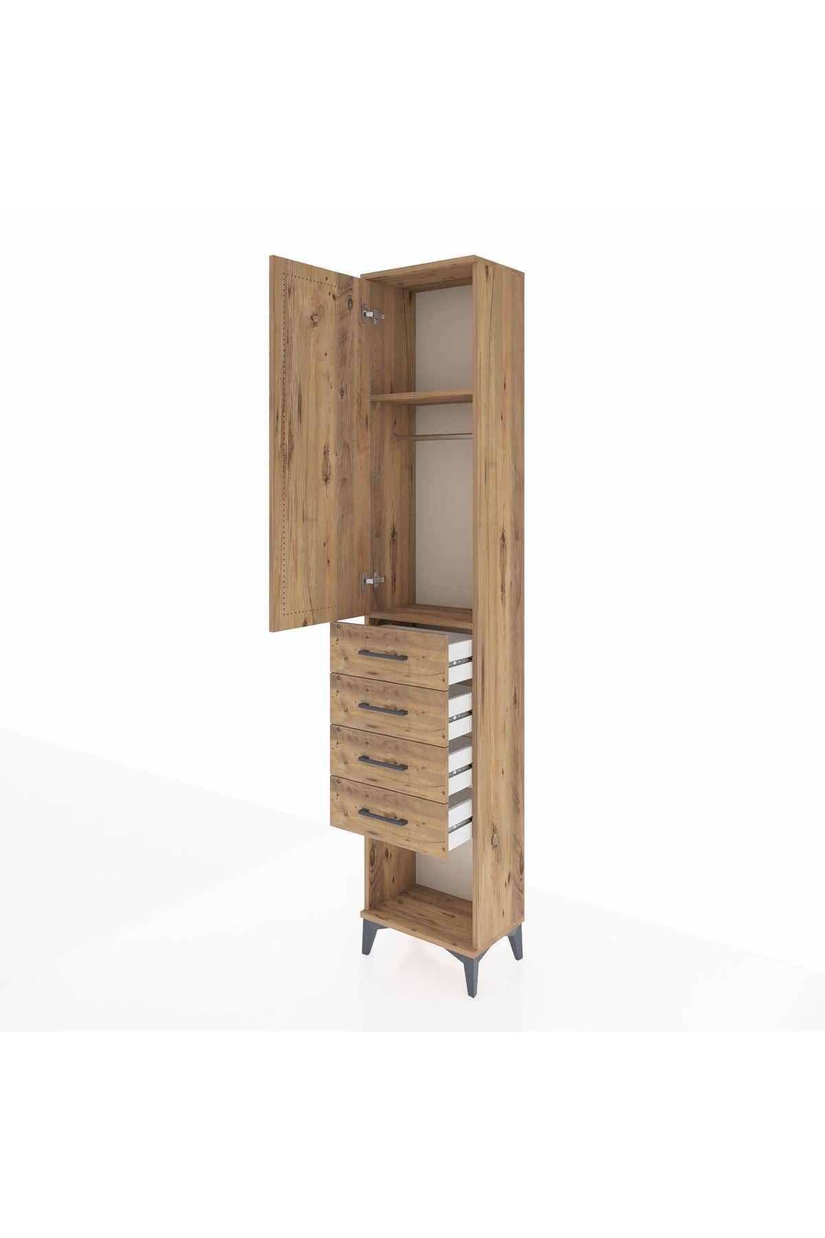 Arges Dolap 2 Raflı 4 Çekmeceli Tek Askılı 44x30x221 Çam-Çam