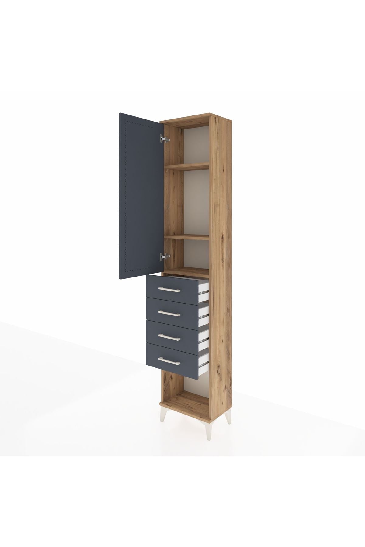 Arges Dolap 3 Raflı 4 Çekmeceli Tek Kapaklı 44x30x221 Çam-Antrasit