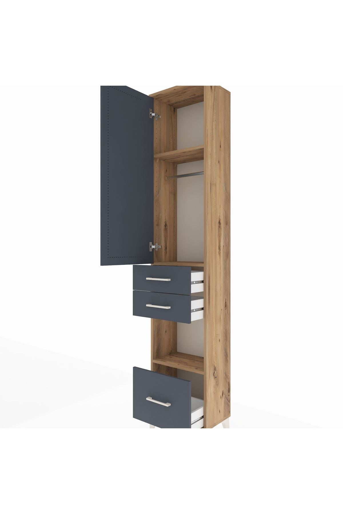Arges Dolap 3 Raflı 3 Çekmeceli Tek Askılı 44x30x221 Çam-Antrasit