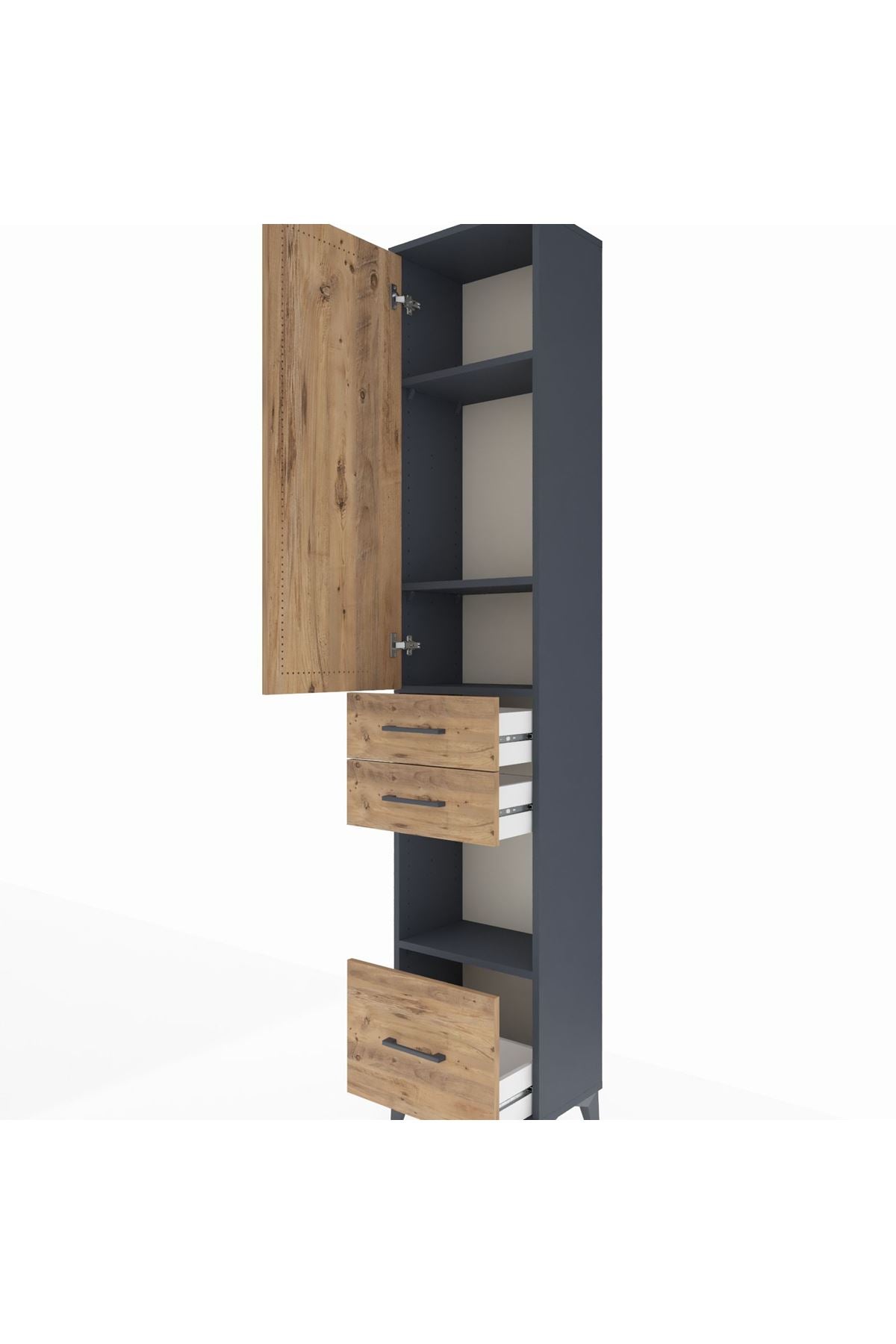 Arges Dolap 4 Raflı 3 Çekmeceli Tek Kapaklı 44x30x221 Antrasit-Çam