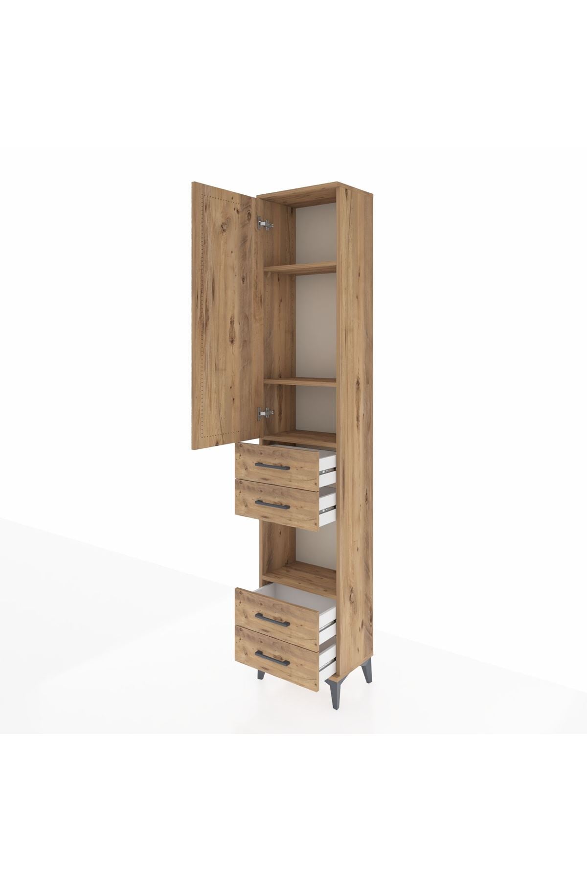 Arges Dolap 4 Raflı 4 Çekmeceli Tek Kapaklı 44x30x221 Çam-Çam