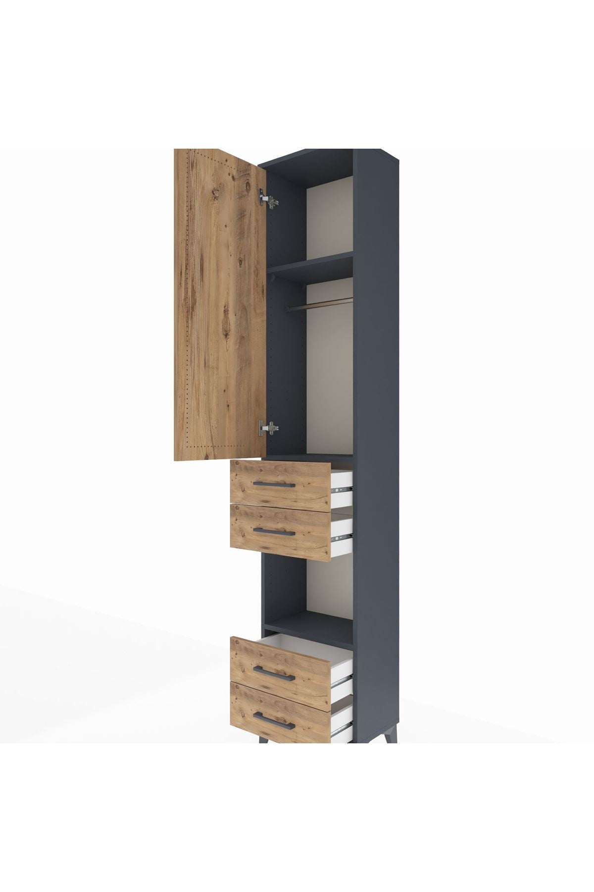 Arges Dolap 3 Raflı 4 Çekmeceli Tek Askılı 44x30x221 Antrasit-Çam