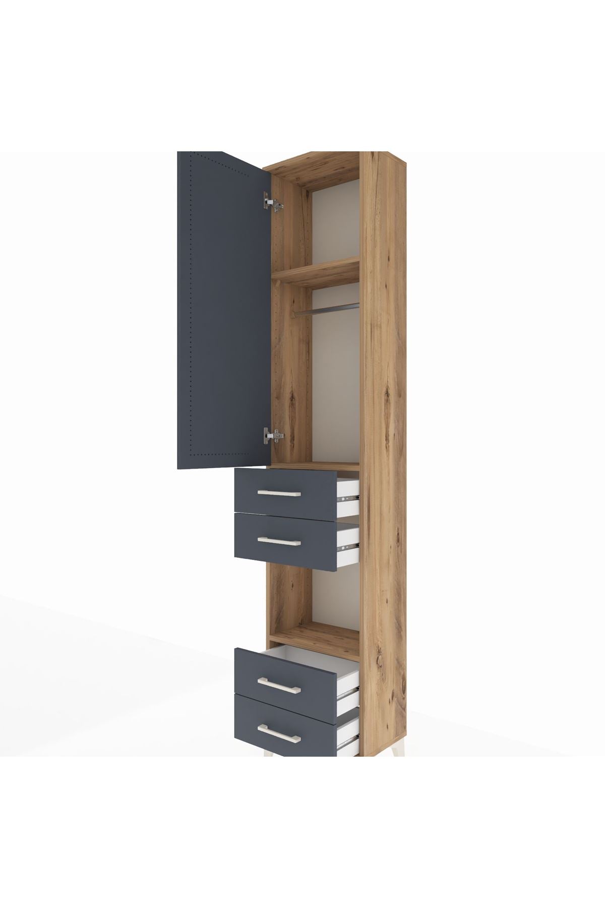 Arges Dolap 3 Raflı 4 Çekmeceli Tek Askılı 44x30x221 Çam-Antrasit