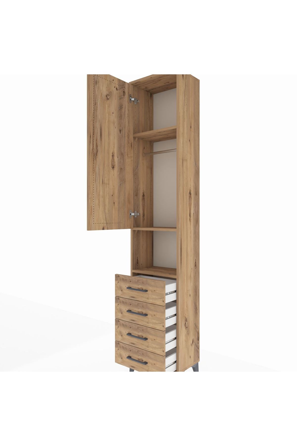 Arges Dolap 3 Raflı 4 Çekmeceli Tek Askılı 44x30x221 Çam-Çam