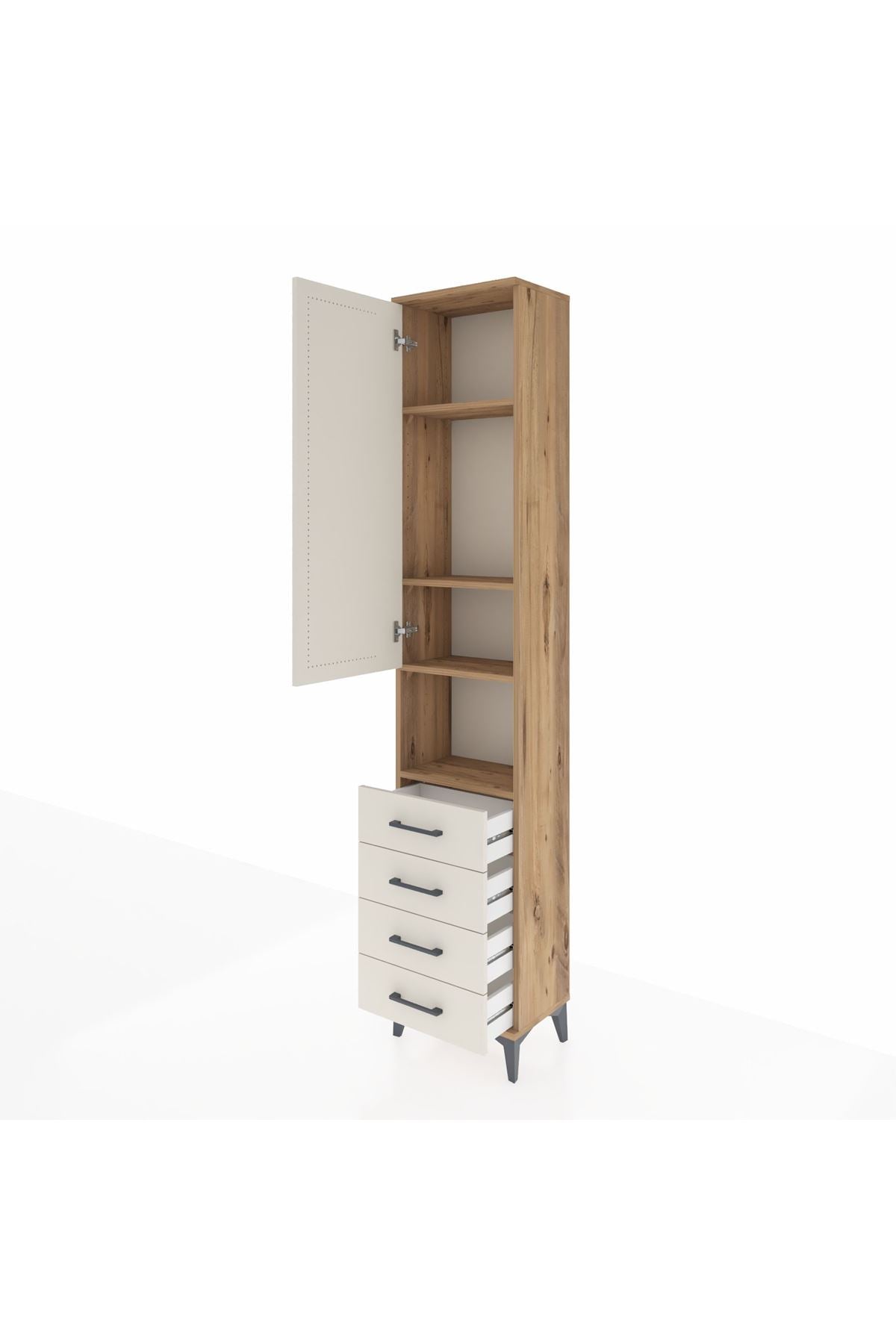 Arges Dolap 4 Raflı 4 Çekmeceli Tek Kapaklı 44x30x221 Çam-Aytaşı