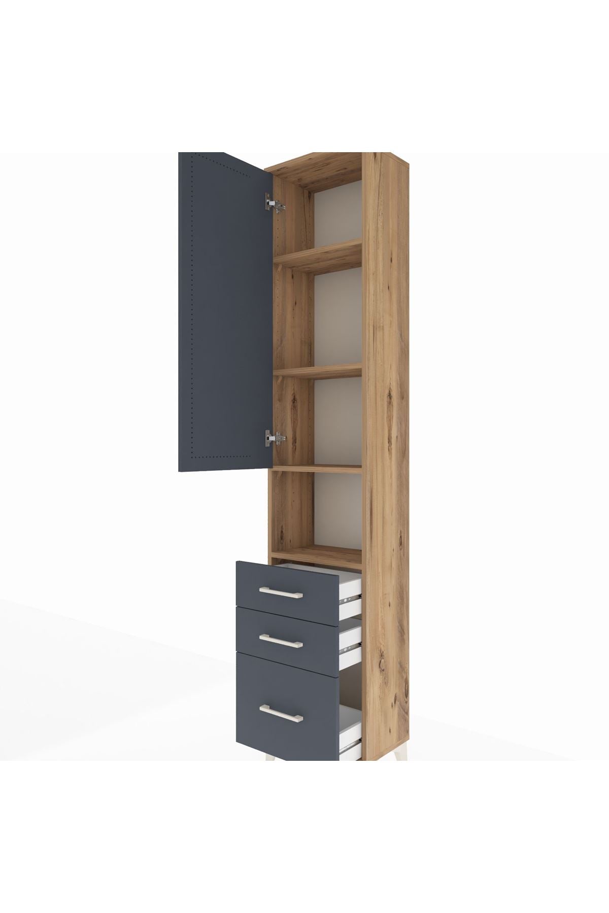 Arges Dolap 4 Raflı 3 Çekmeceli Tek Kapaklı 44x30x221 Çam-Antrasit