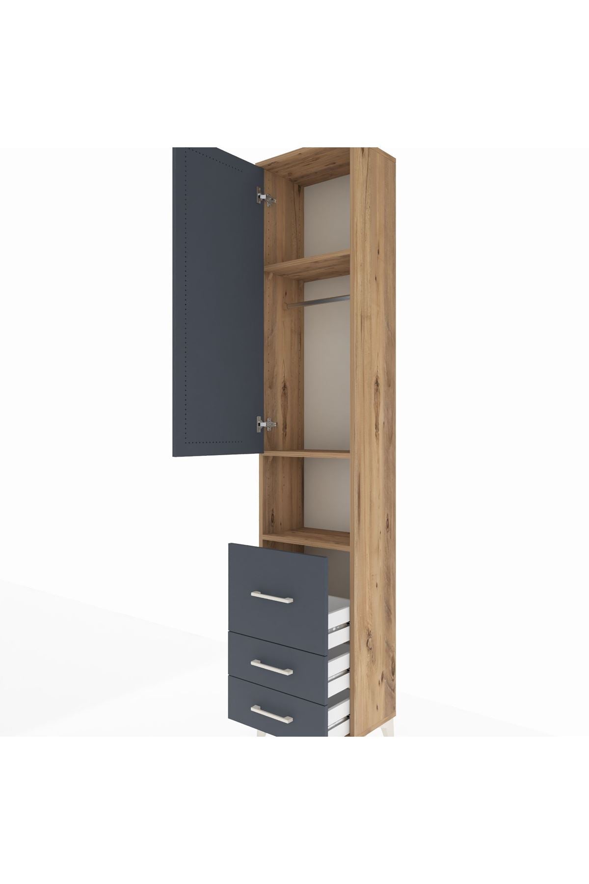 Arges Dolap 3 Raflı 3 Çekmeceli Tek Askılı 44x30x221 Çam-Antrasit