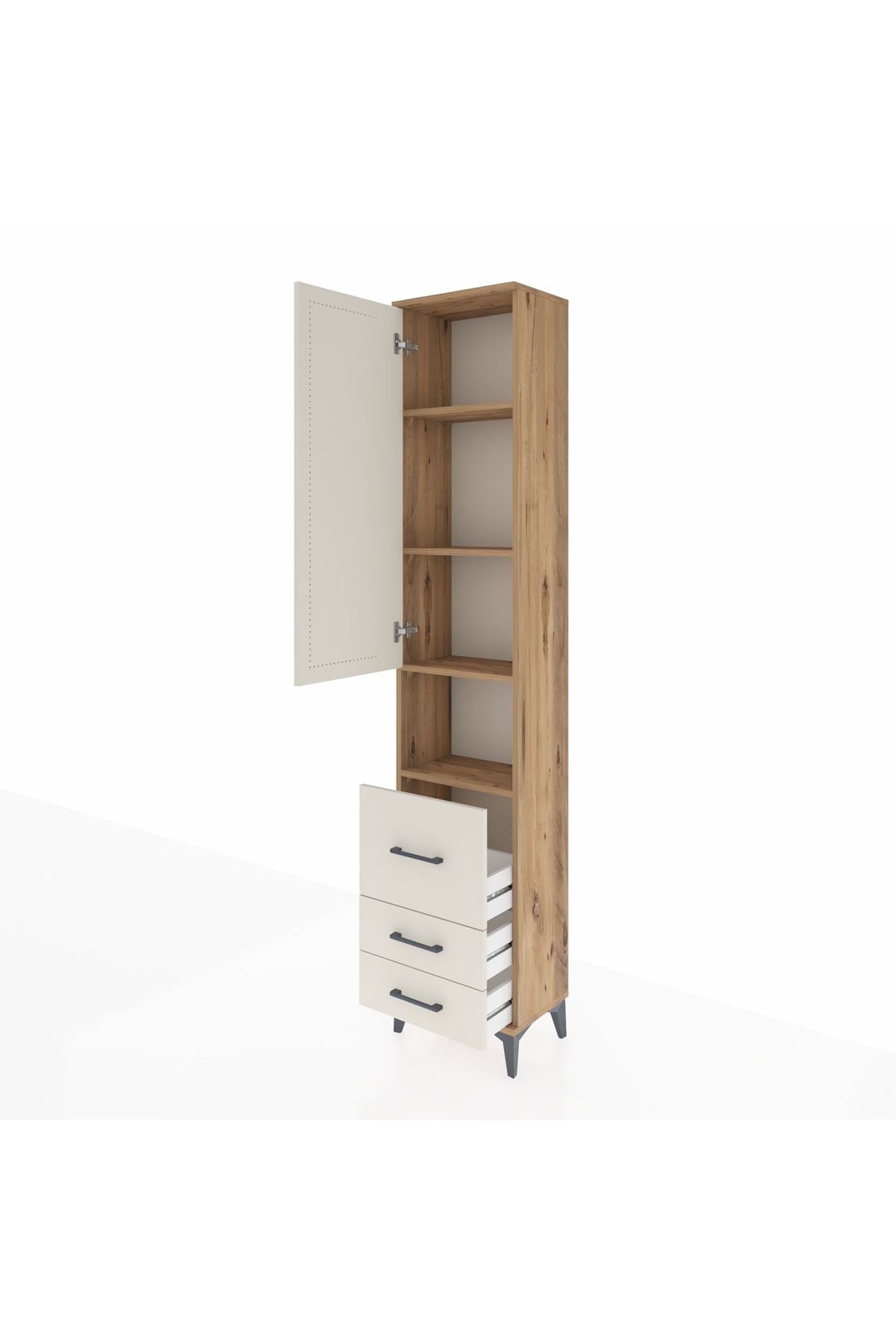 Arges Dolap 4 Raflı 3 Çekmeceli Tek Kapaklı 44x30x221 Çam-Aytaşı