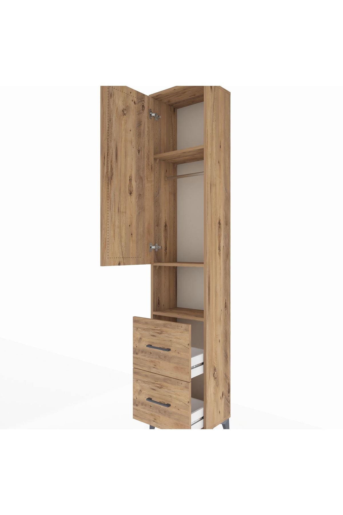 Arges Dolap 3 Raflı 2 Çekmeceli Tek Askılı 44x30x221 Çam-Çam