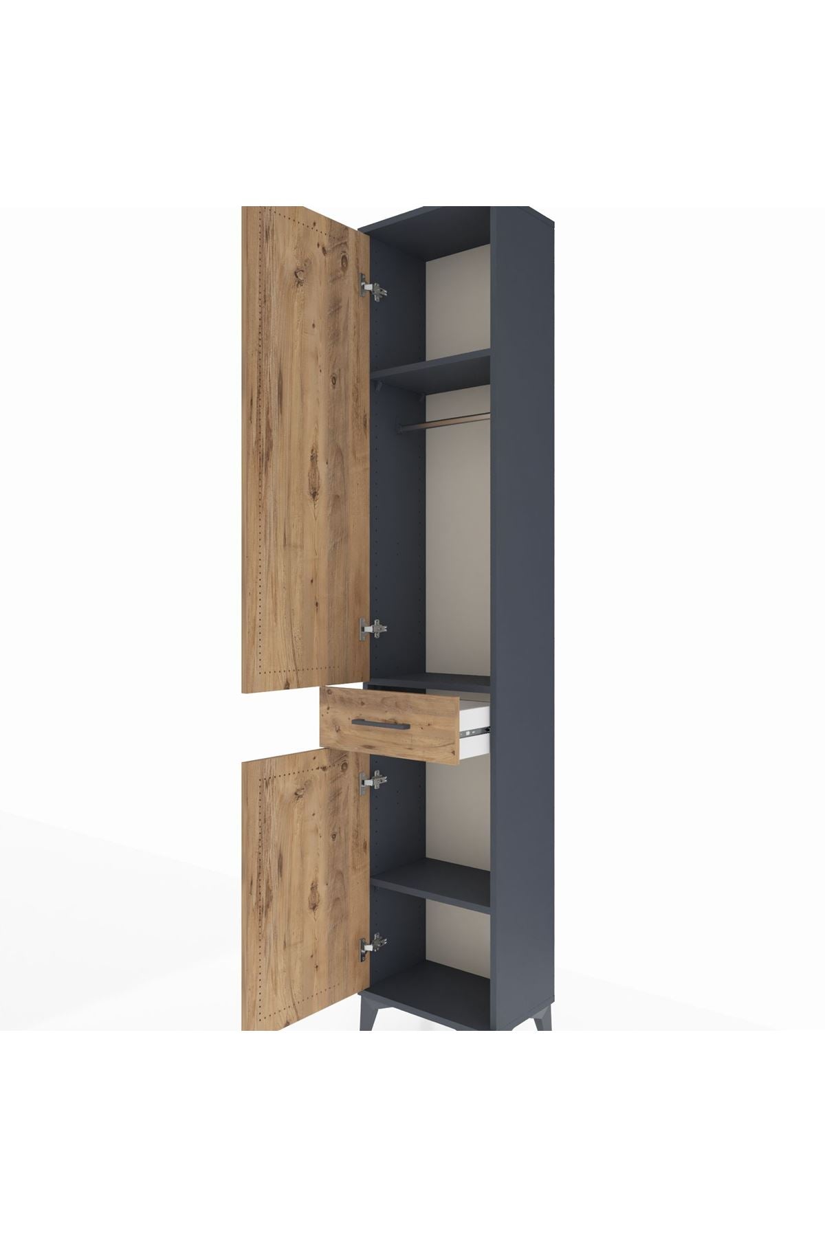 Arges Dolap 3 Raflı Tek Çekmeceli Tek Askılı 44x30x221 Antrasit-Çam