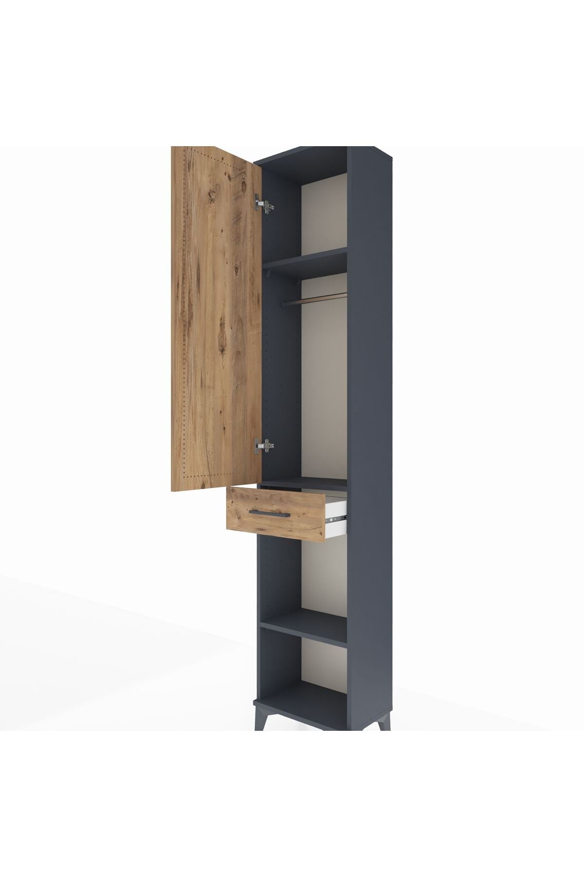 Arges Dolap 3 Raflı Tek Çekmeceli Tek Askılı 44x30x221 Antrasit-Çam