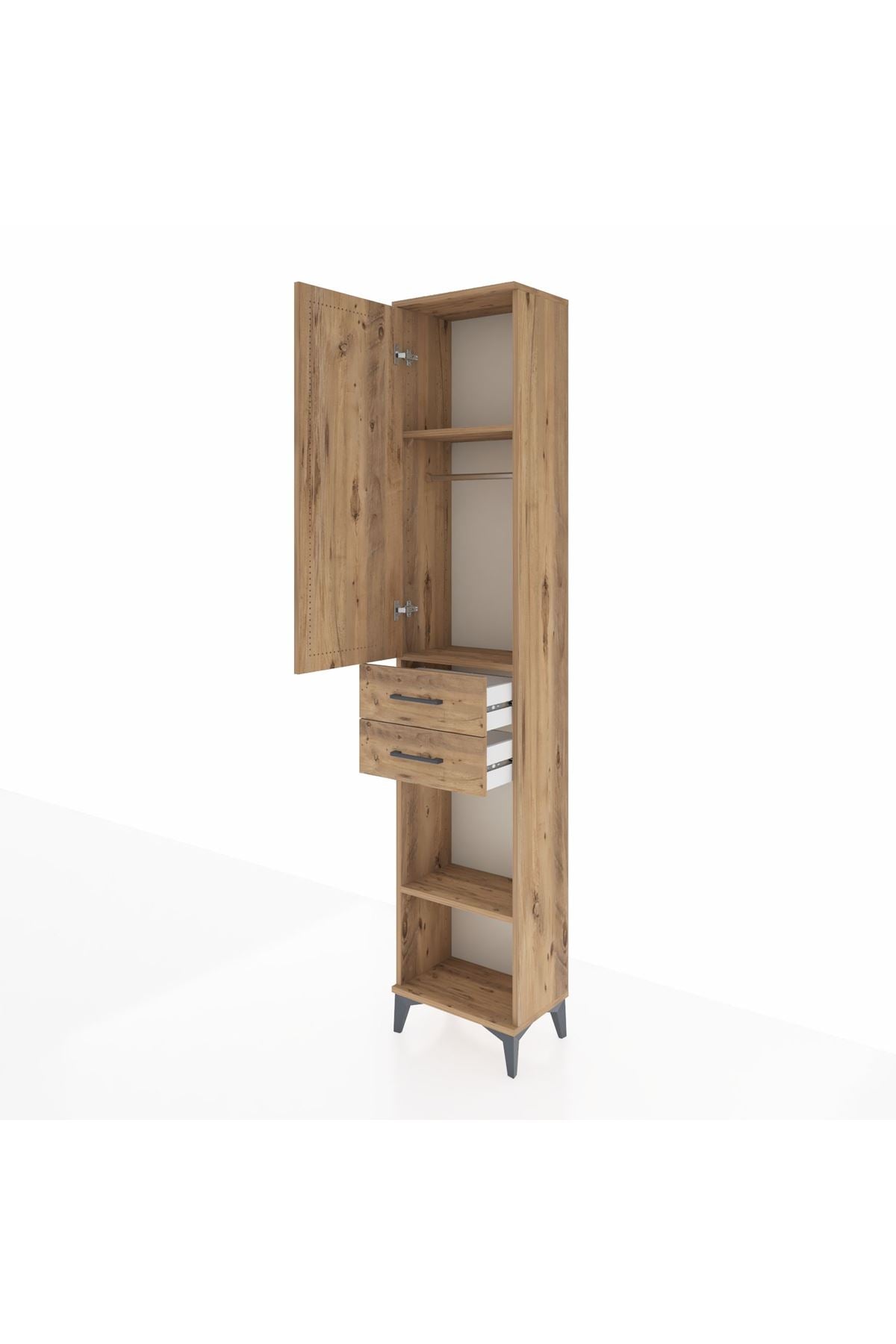 Arges Dolap 3 Raflı 2 Çekmeceli Tek Askılı 44x30x221 Çam-Çam