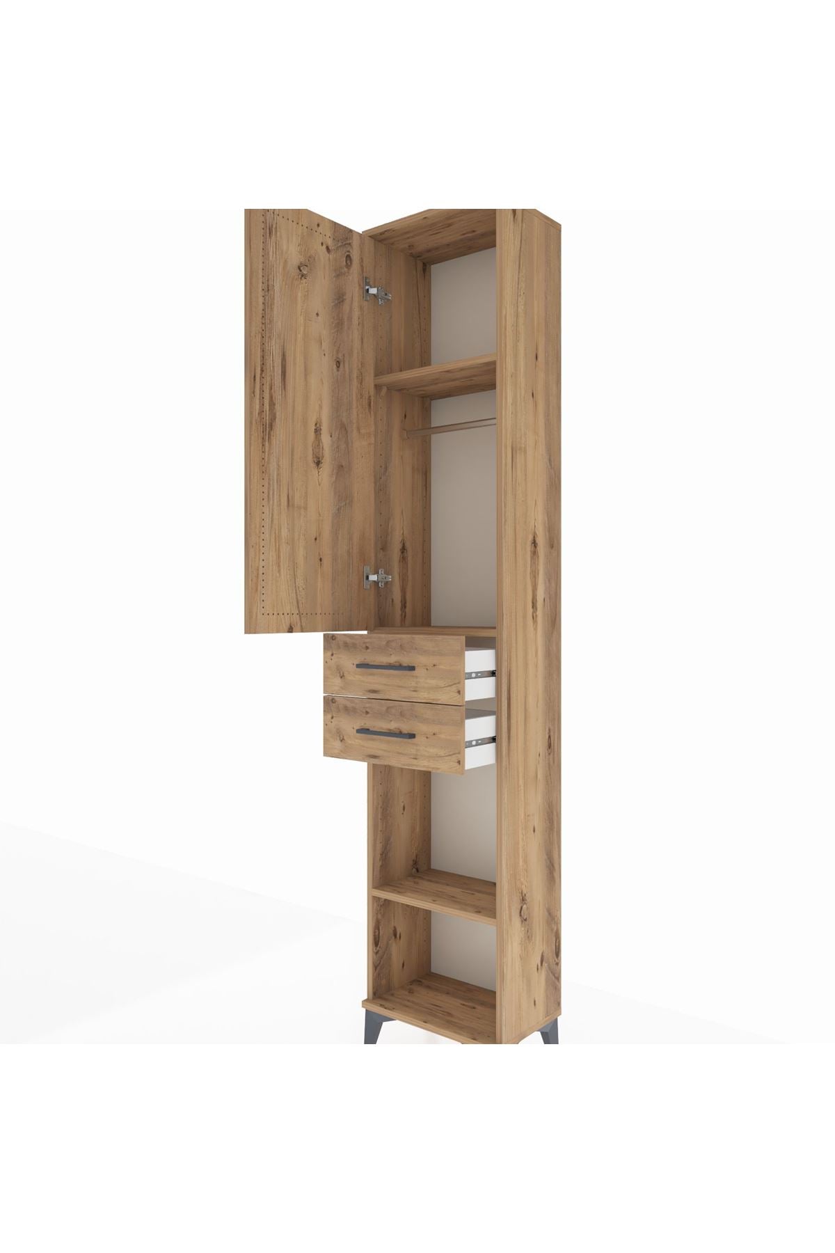 Arges Dolap 3 Raflı 2 Çekmeceli Tek Askılı 44x30x221 Çam-Çam