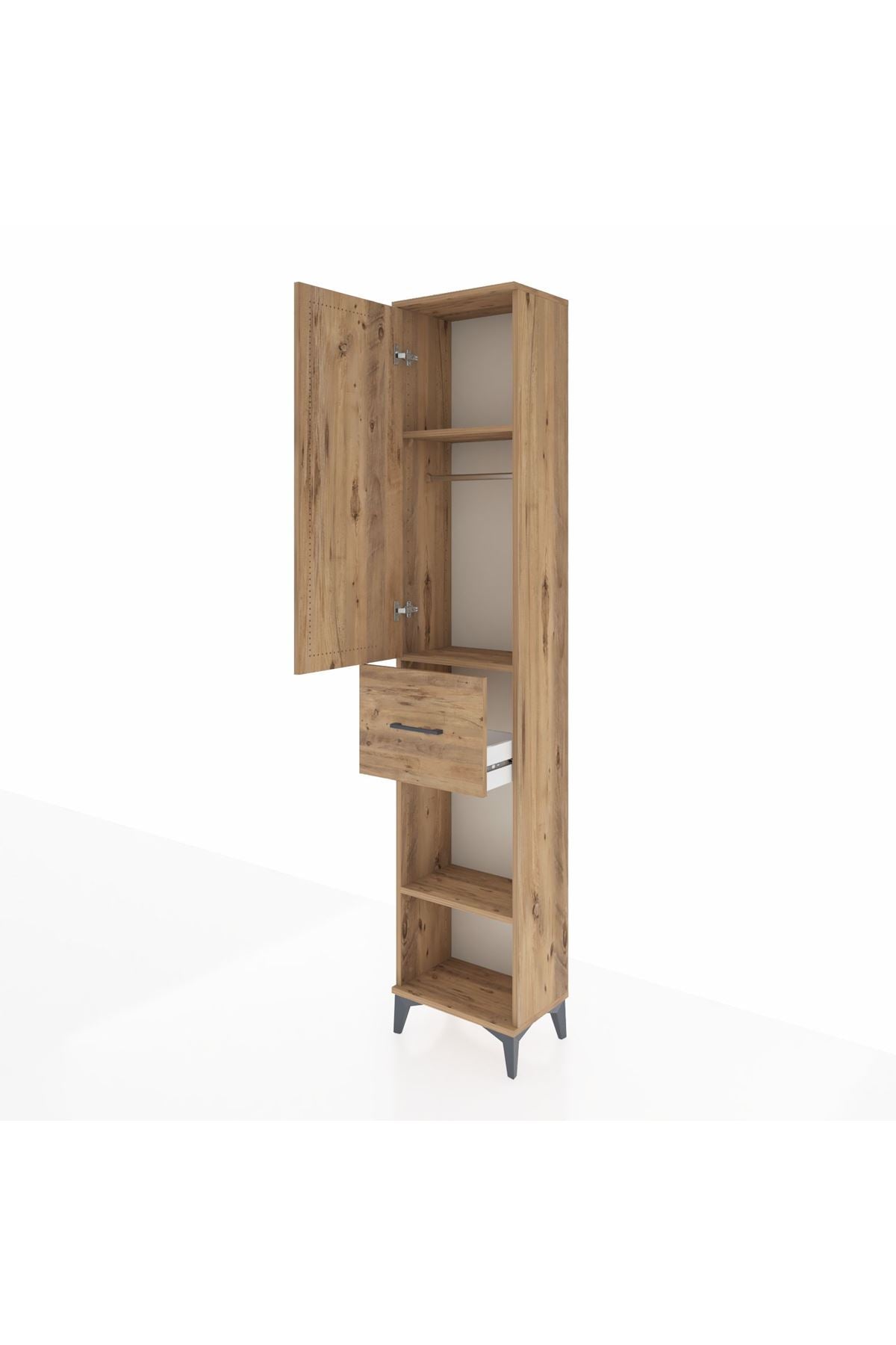 Arges Dolap 3 Raflı Tek Çekmeceli Tek Askılı 44x30x221 Çam-Çam