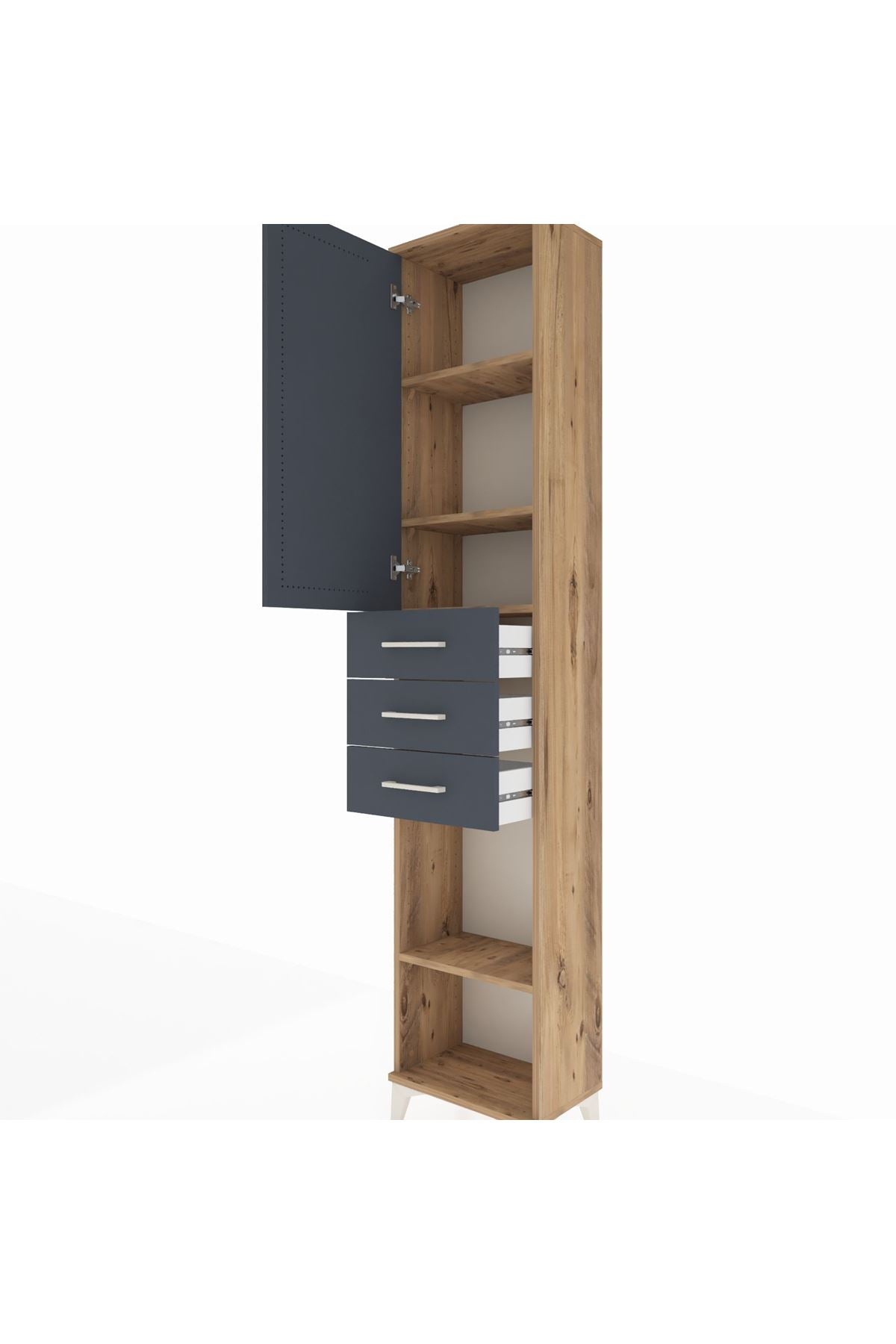 Arges Dolap 4 Raflı 3 Çekmeceli Tek Kapaklı 44x30x221 Çam-Antrasit