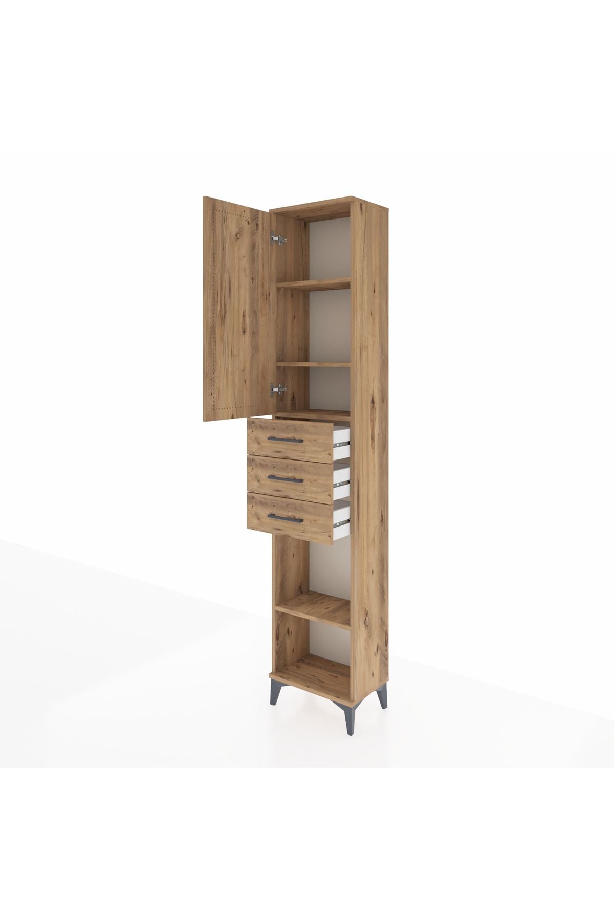 Arges Dolap 4 Raflı 3 Çekmeceli Tek Kapaklı 44x30x221 Çam-Çam