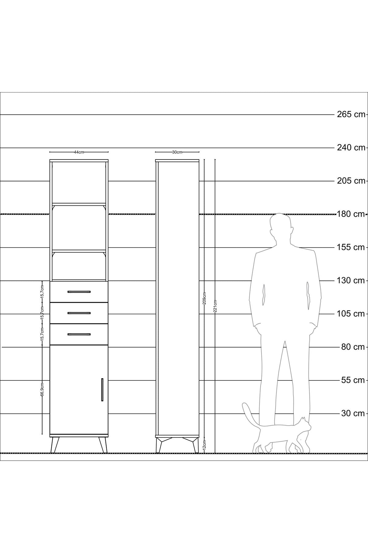 Arges Dolap 4 Raflı 3 Çekmeceli Tek Kapaklı 44x30x221 Antrasit-Çam