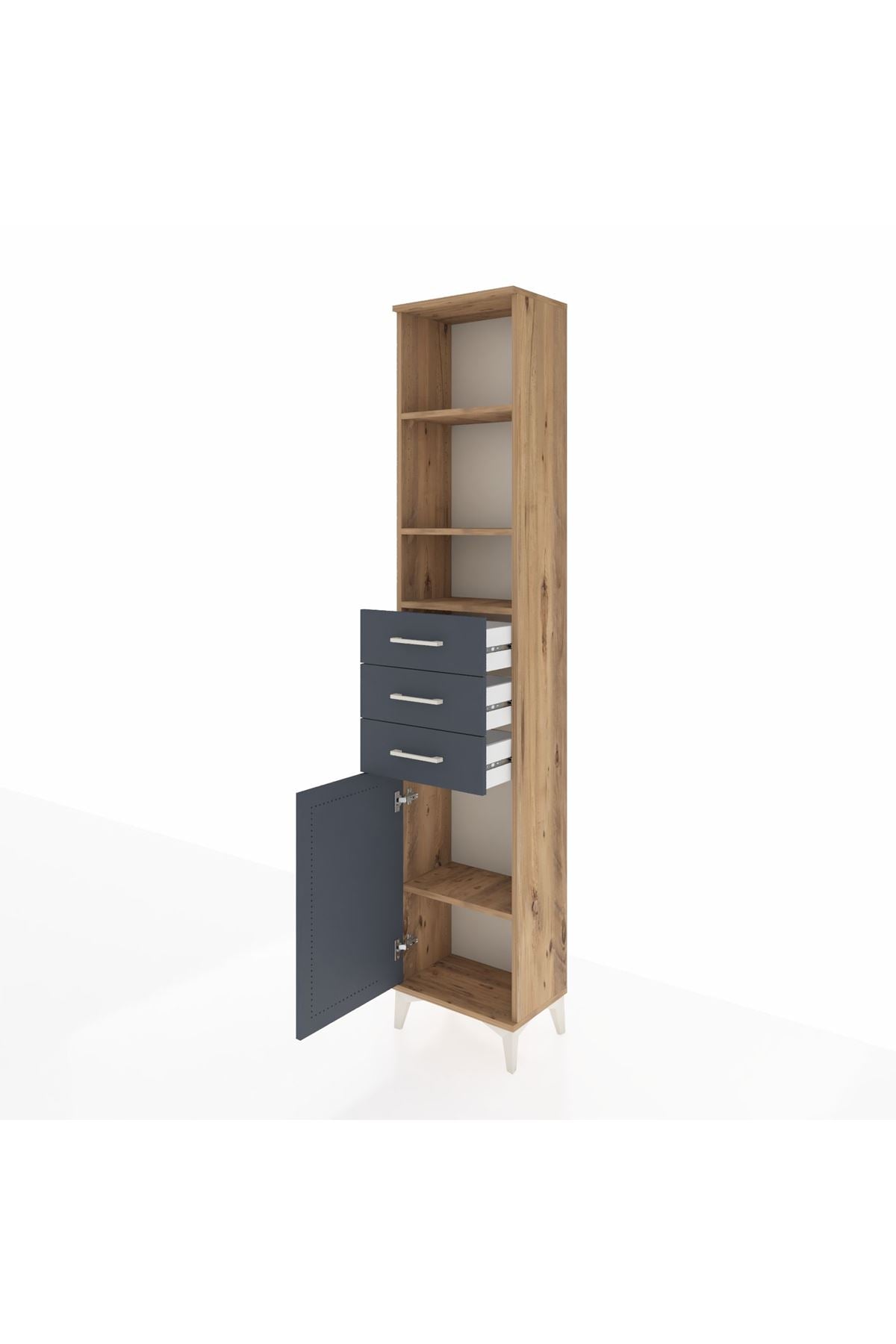 Arges Dolap 4 Raflı 3 Çekmeceli Tek Kapaklı 44x30x221 Çam-Antrasit