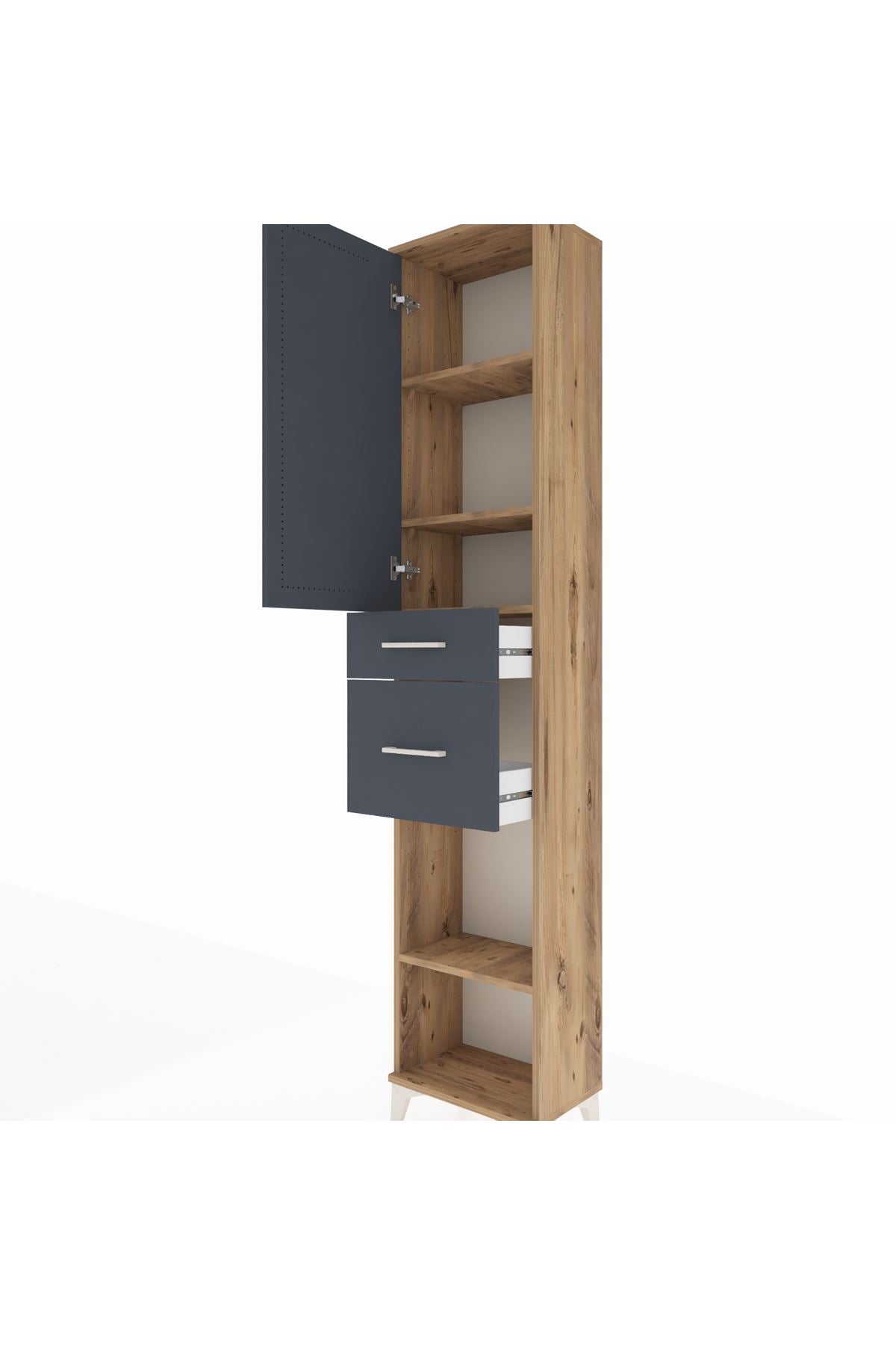 Arges Dolap 4 Raflı 2 Çekmeceli Tek Kapaklı 44x30x221 Çam-Antrasit