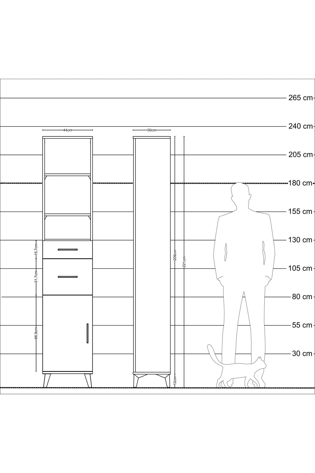 Arges Dolap 4 Raflı 2 Çekmeceli Tek Kapaklı 44x30x221 Antrasit-Çam