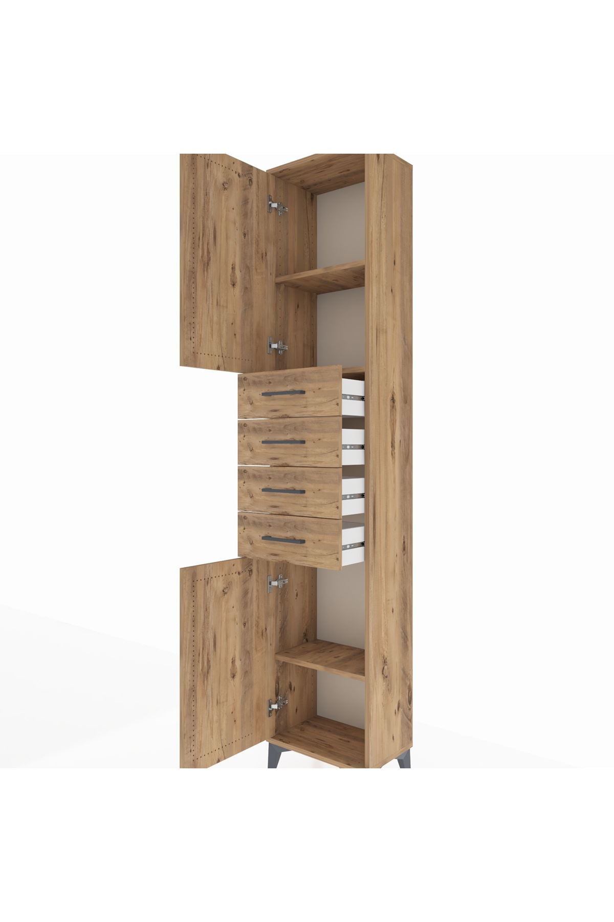 Arges Dolap 3 Raflı 4 Çekmeceli 2 Kapaklı 44x30x221 Çam-Çam