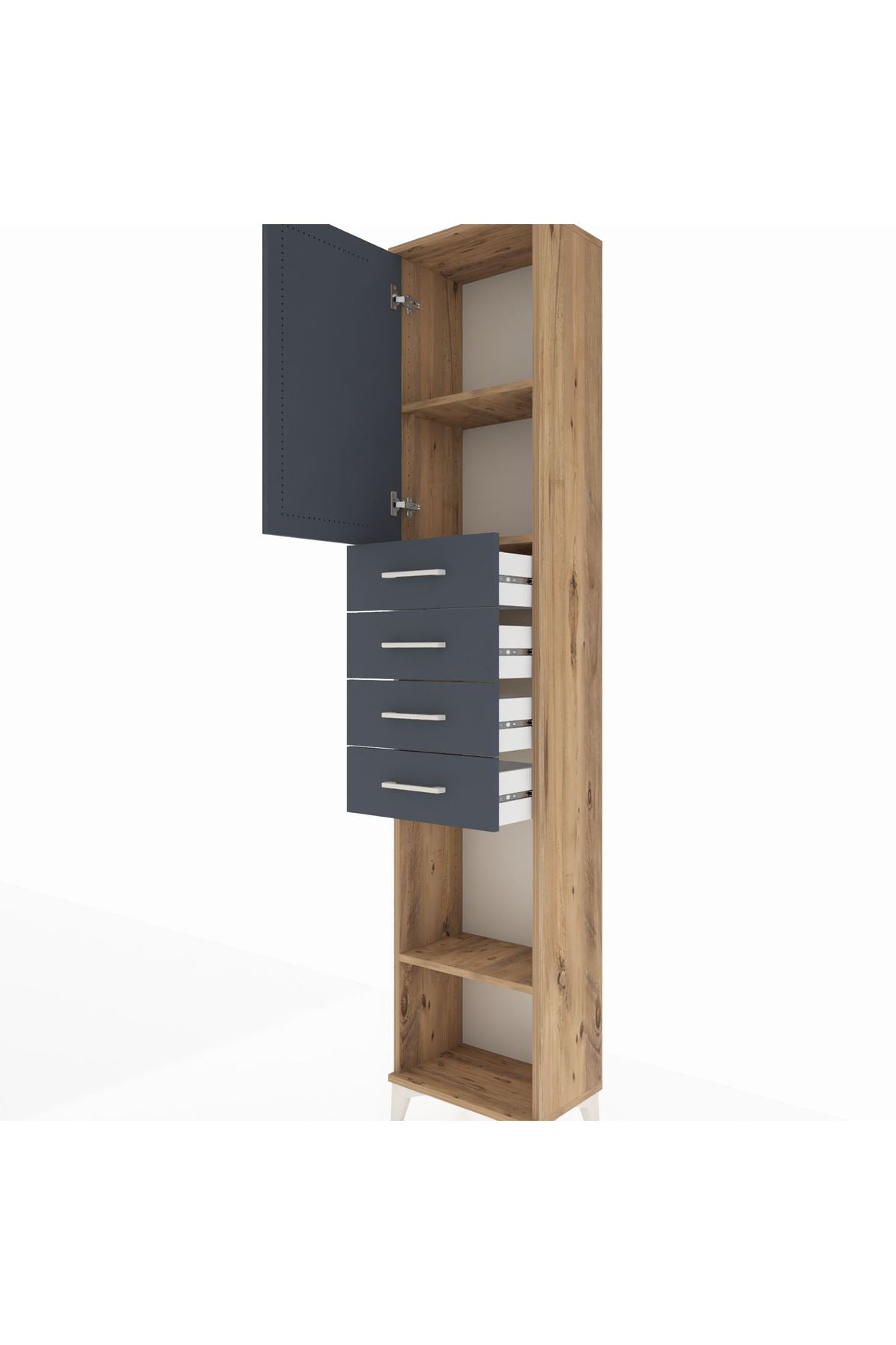 Arges Dolap 3 Raflı 4 Çekmeceli Tek Kapaklı 44x30x221 Çam-Antrasit