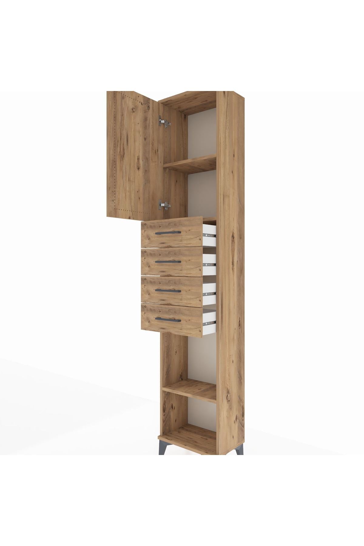 Arges Dolap 3 Raflı 4 Çekmeceli Tek Kapaklı 44x30x221 Çam-Çam