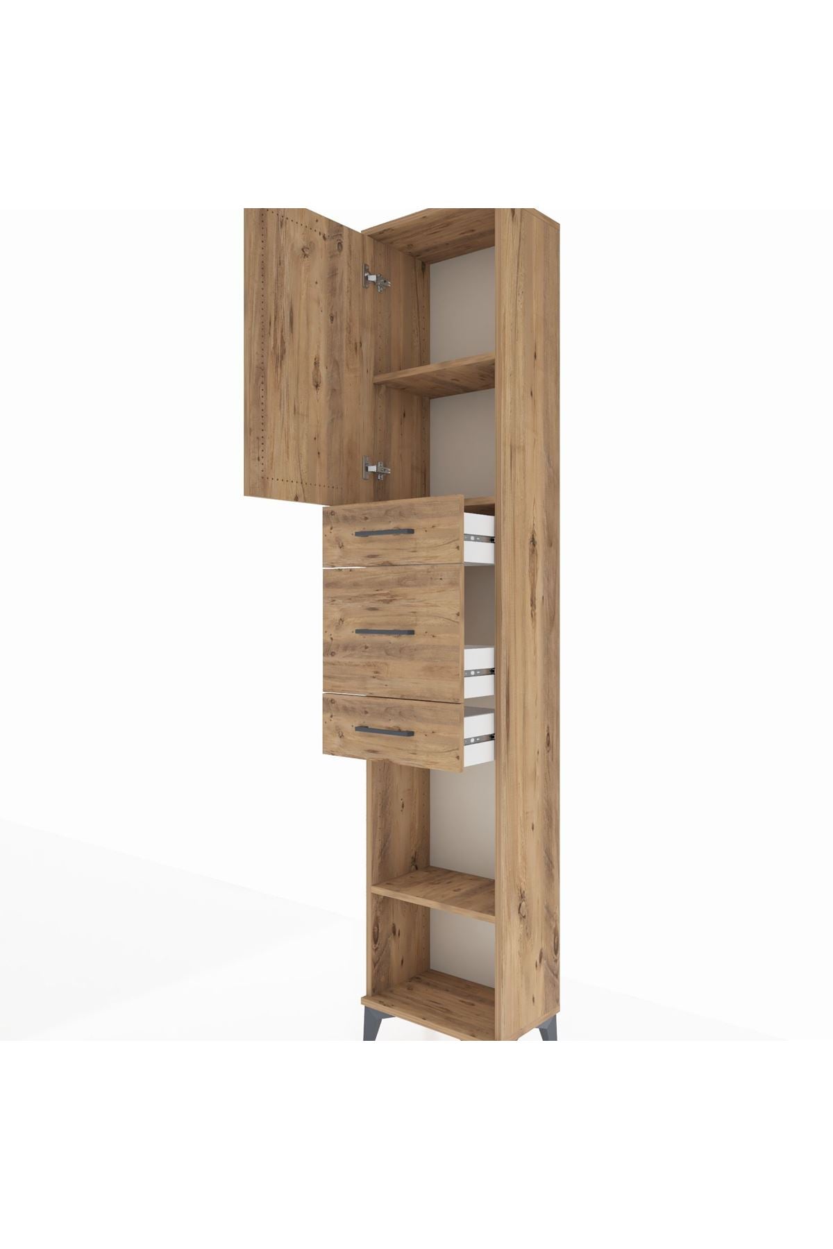 Arges Dolap 3 Raflı 3 Çekmeceli Tek Kapaklı 44x30x221 Çam-Çam