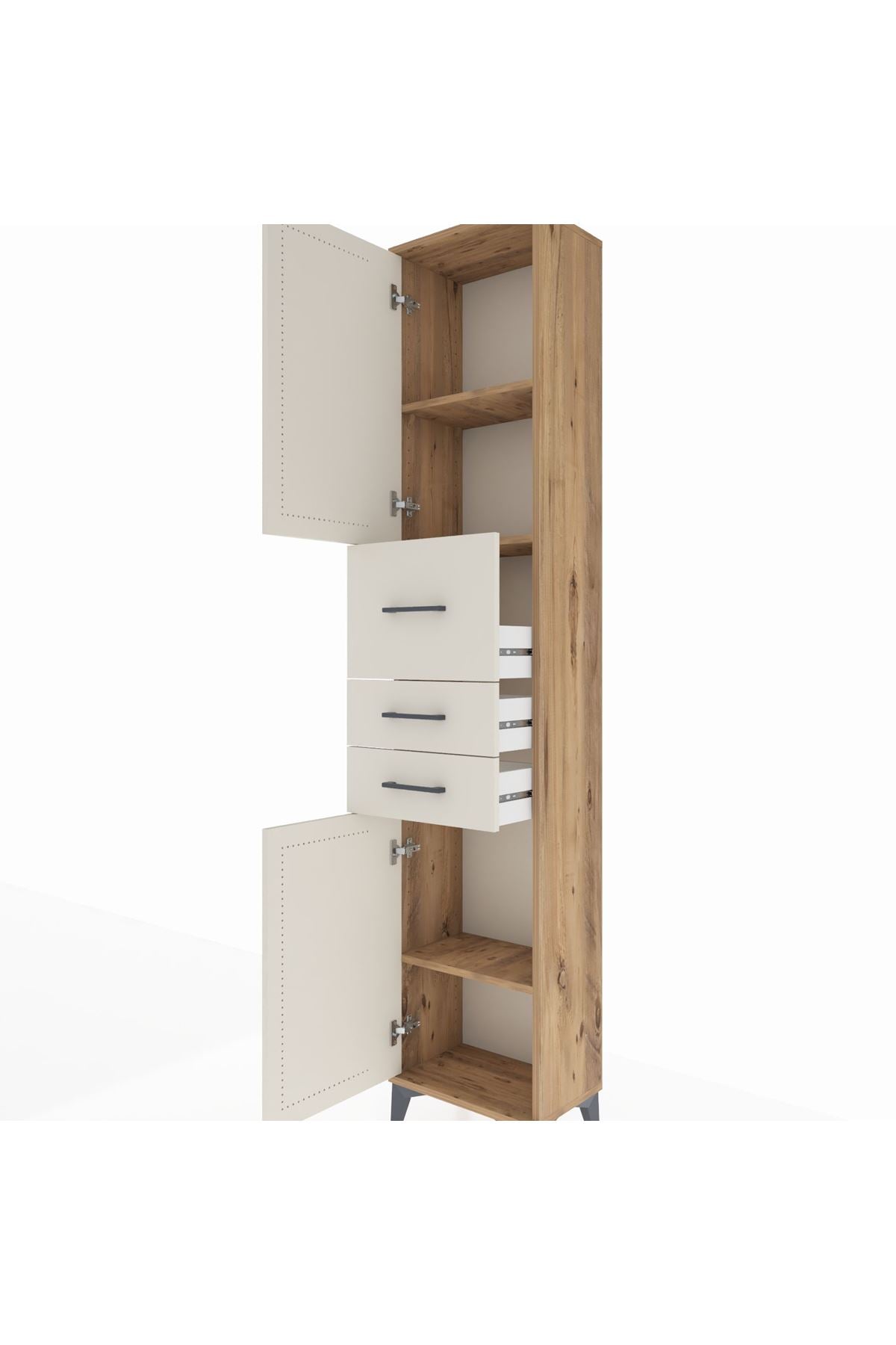 Arges Dolap 3 Raflı 3 Çekmeceli 2 Kapaklı 44x30x221 Çam-Aytaşı