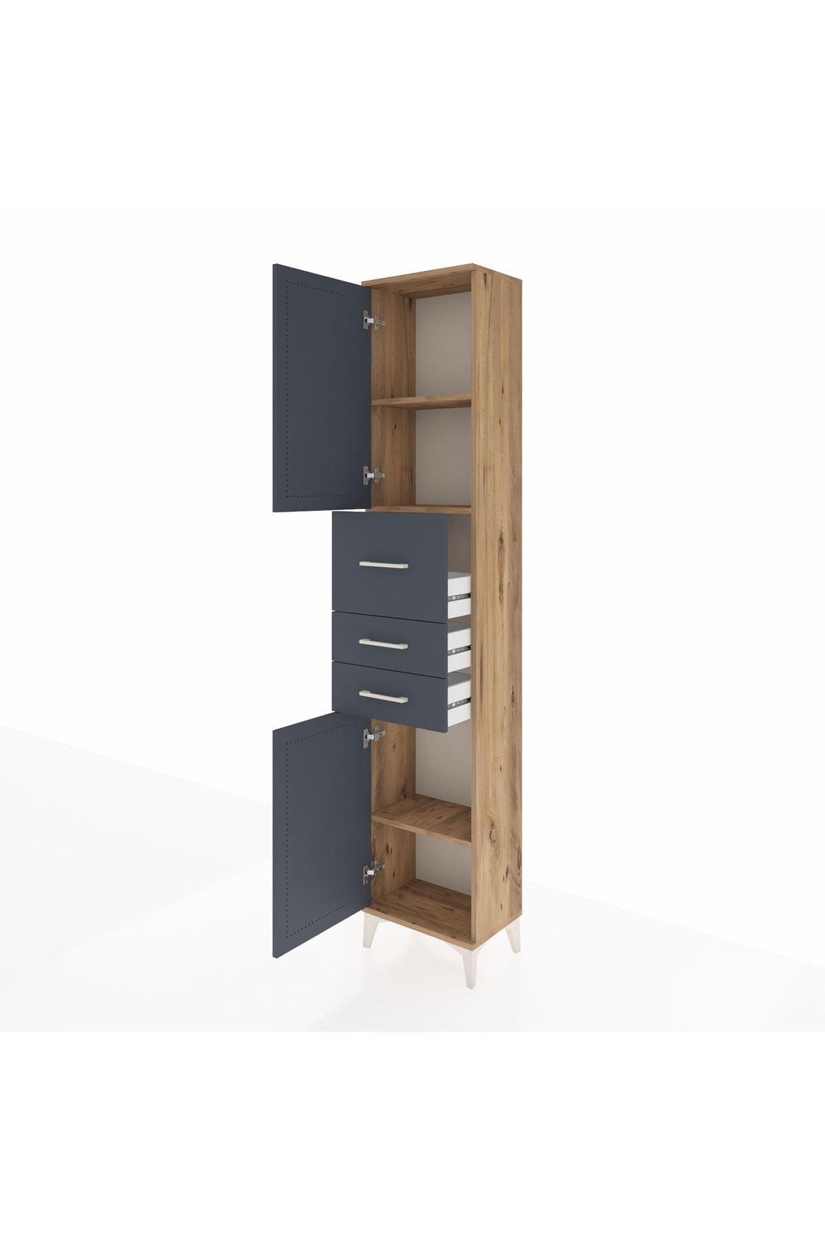 Arges Dolap 3 Raflı 3 Çekmeceli 2 Kapaklı 44x30x221 Çam-Antrasit