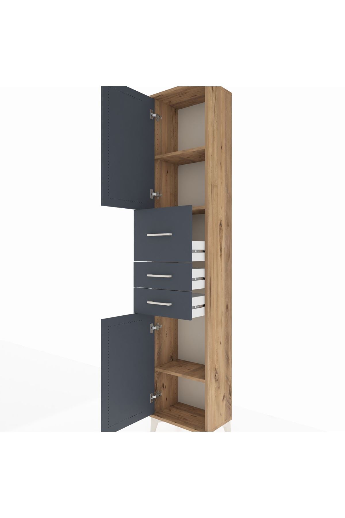 Arges Dolap 3 Raflı 3 Çekmeceli 2 Kapaklı 44x30x221 Çam-Antrasit