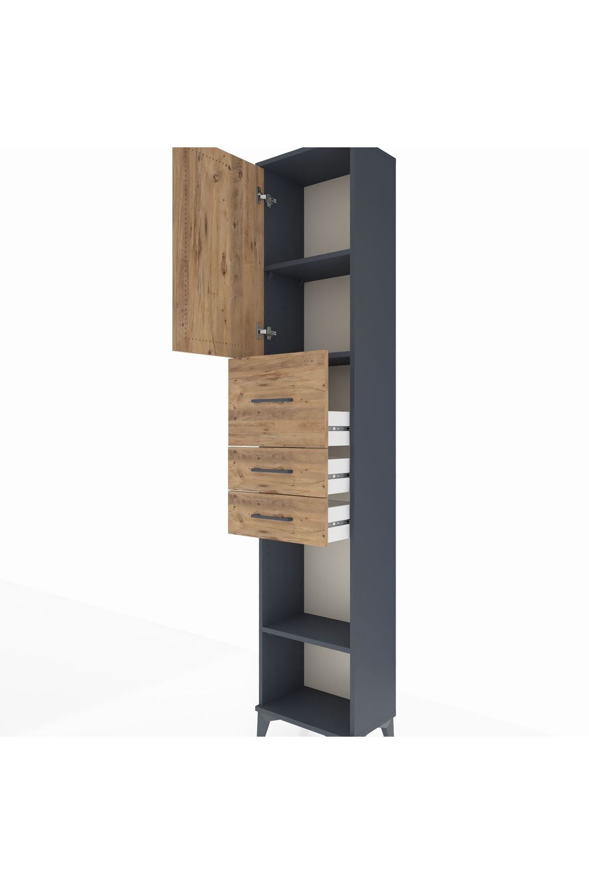 Arges Dolap 3 Raflı 3 Çekmeceli Tek Kapaklı 44x30x221 Antrasit-Çam