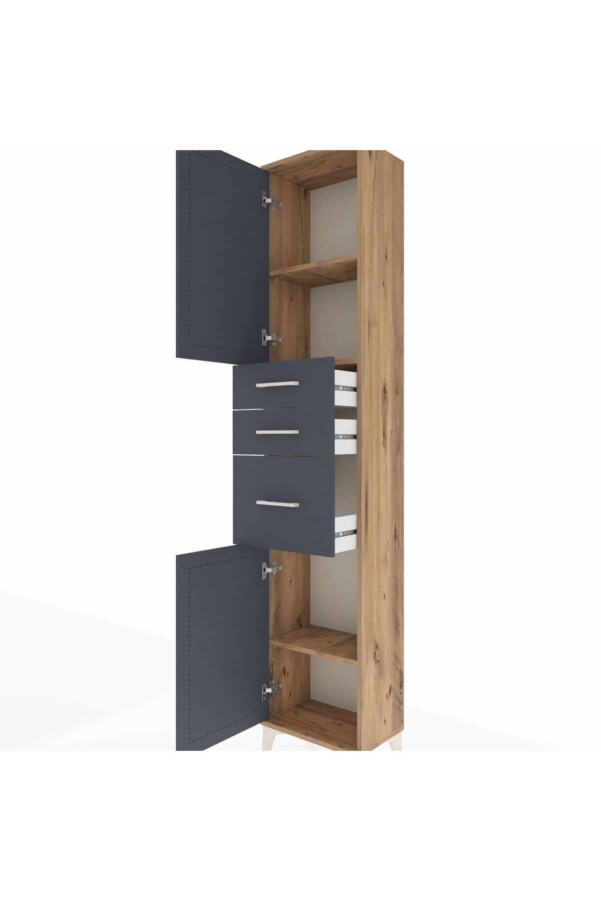 Arges Dolap 3 Raflı 3 Çekmeceli 2 Kapaklı 44x30x221 Çam-Antrasit