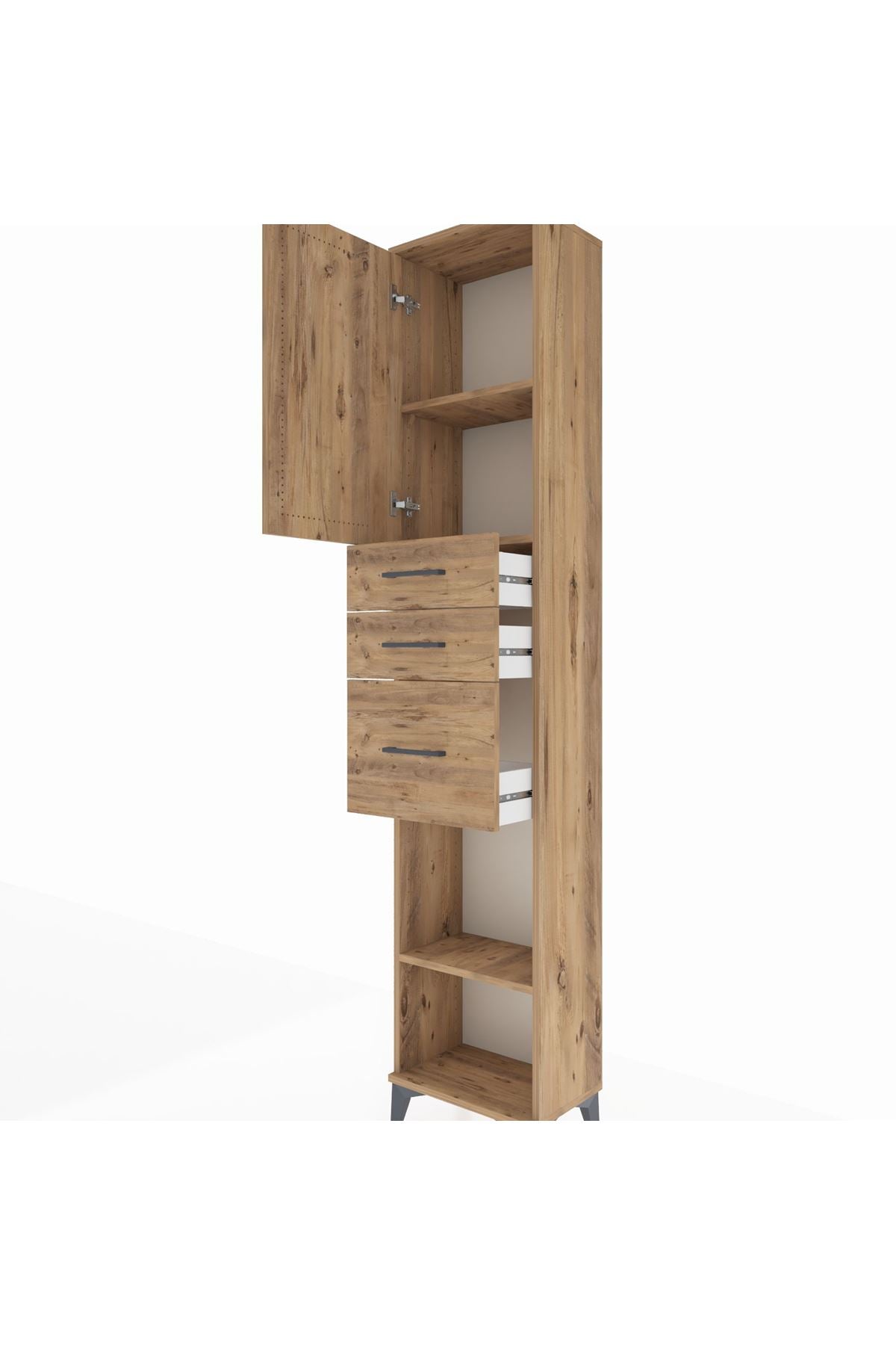 Arges Dolap 3 Raflı 3 Çekmeceli Tek Kapaklı 44x30x221 Çam-Çam