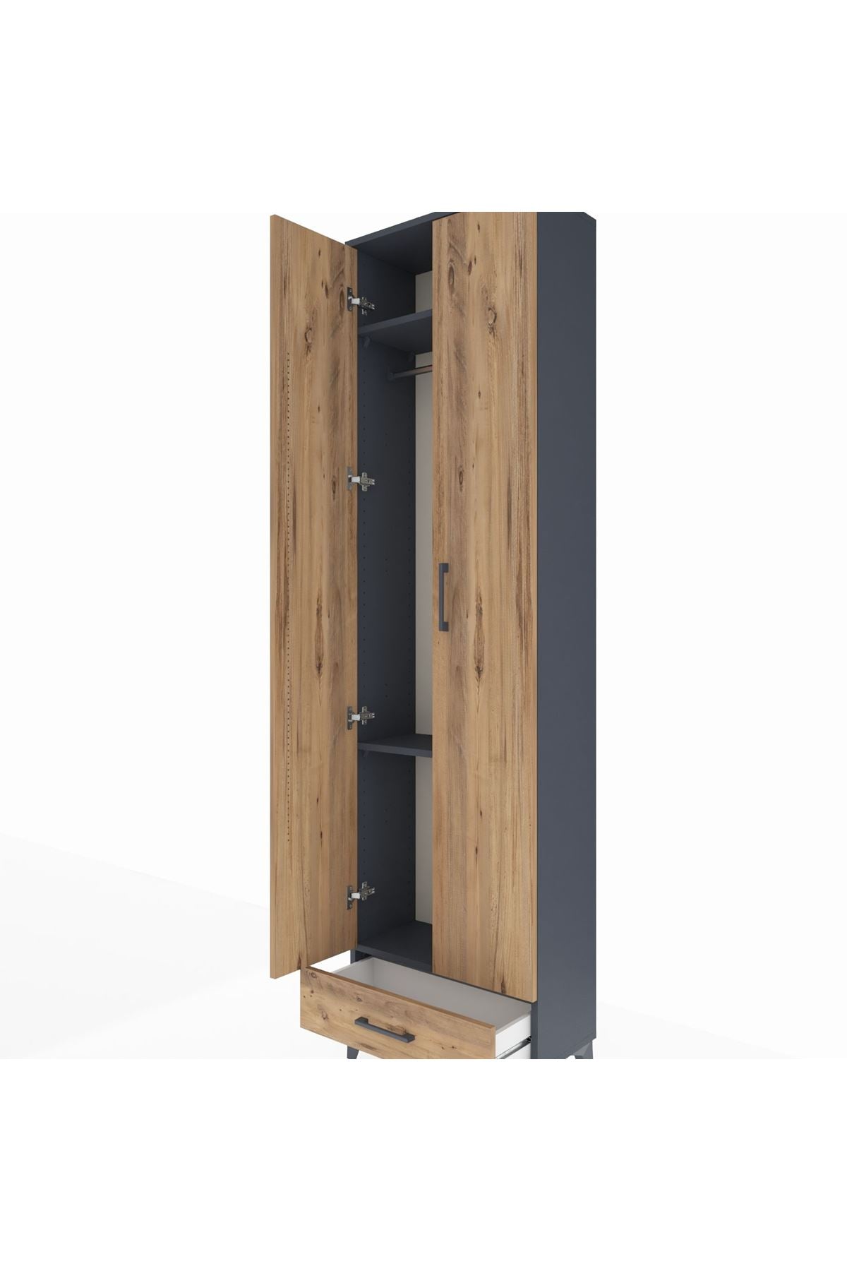 Arges Dolap 3 Raflı Tek Çekmeceli Tek Askılı 60x30x221 Antrasit-Çam