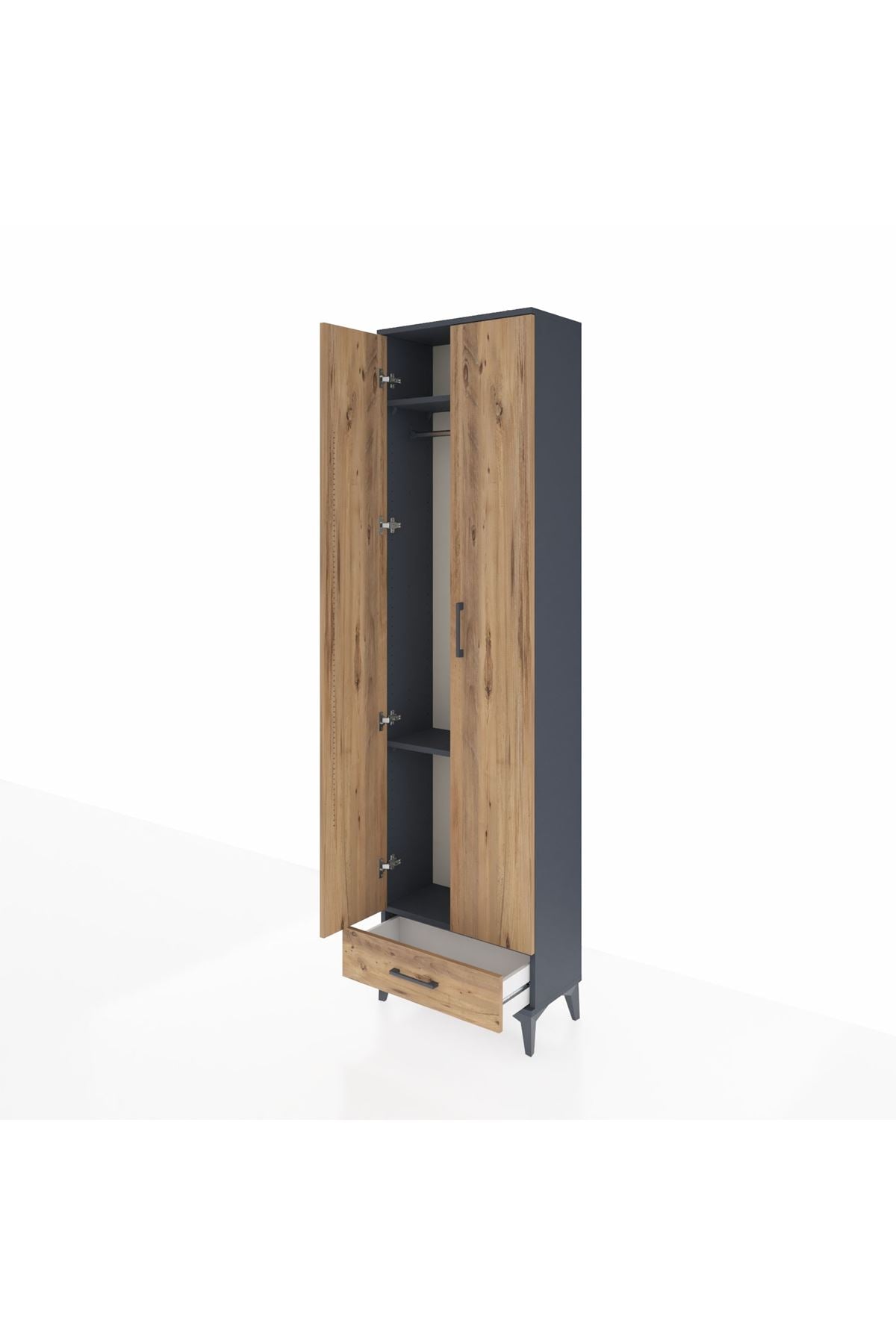 Arges Dolap 3 Raflı Tek Çekmeceli Tek Askılı 60x30x221 Antrasit-Çam