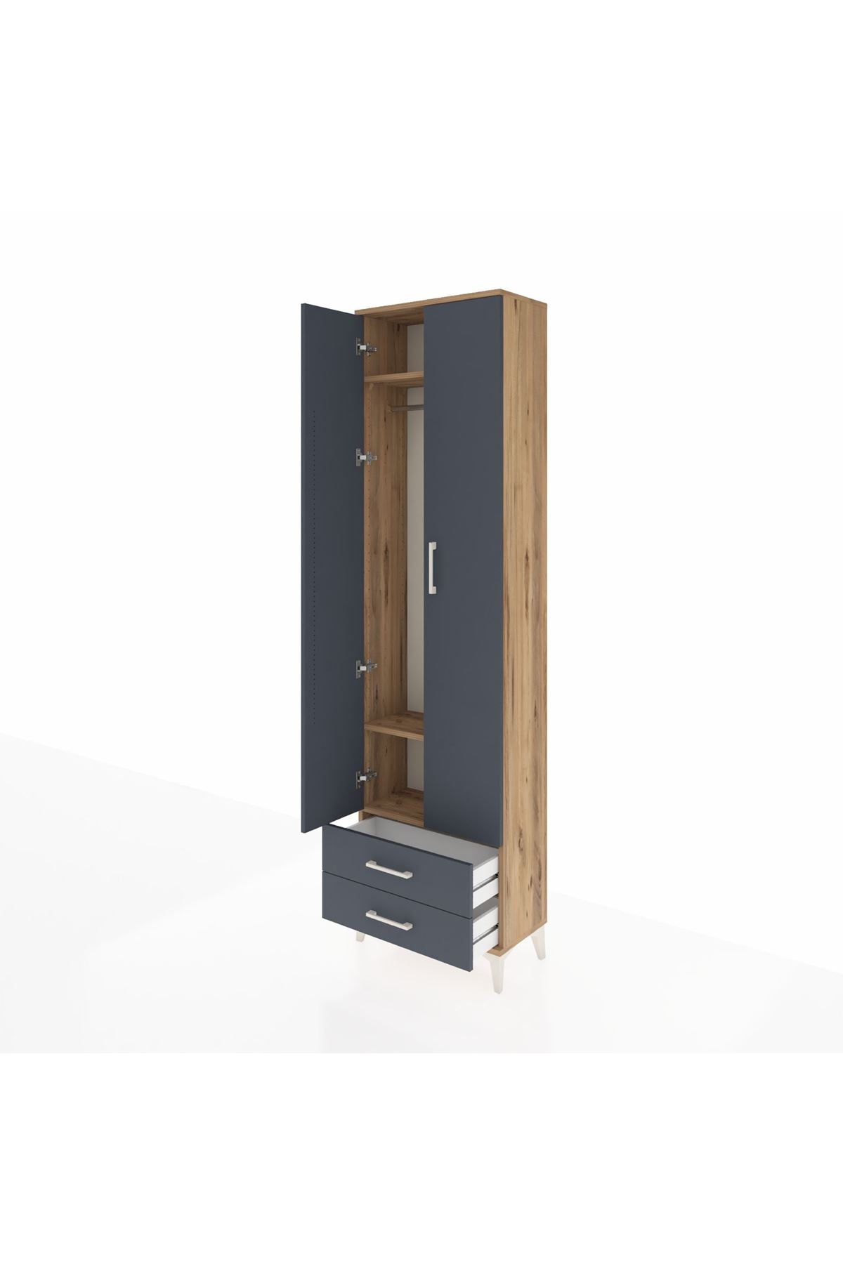 Arges Dolap 3 Raflı 2 Çekmeceli Tek Askılı 60x30x221 Çam-Antrasit