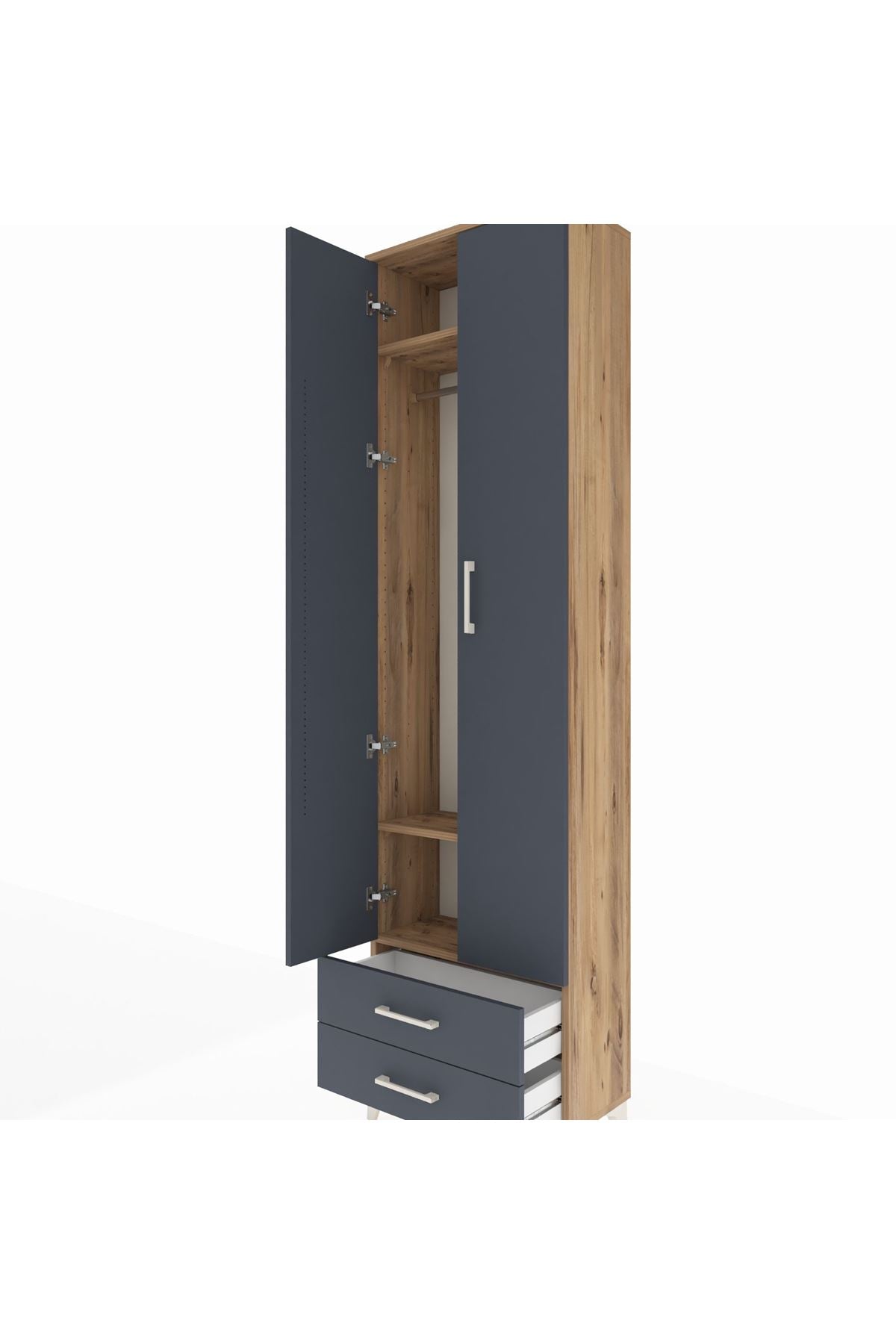 Arges Dolap 3 Raflı 2 Çekmeceli Tek Askılı 60x30x221 Çam-Antrasit