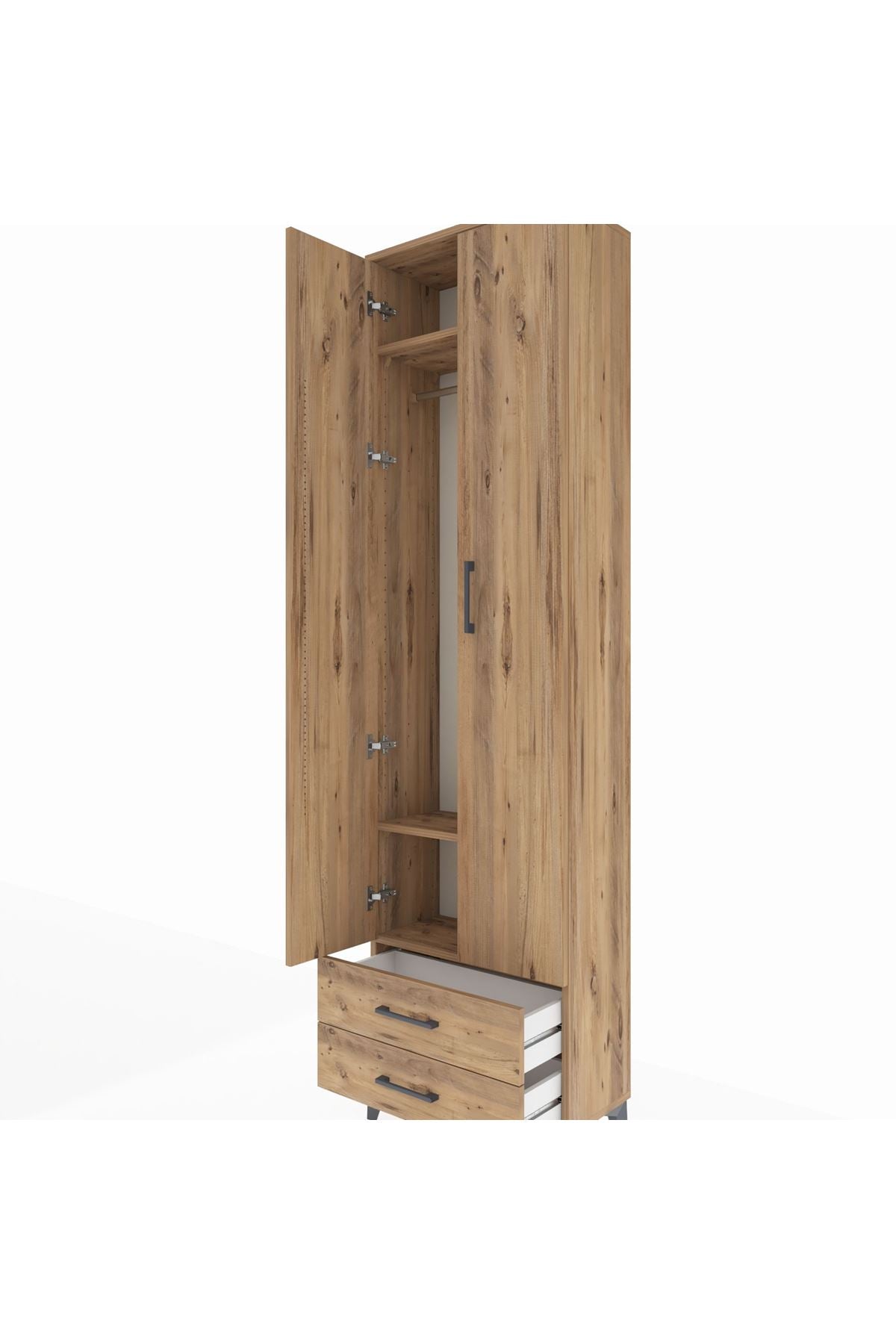 Arges Dolap 3 Raflı 2 Çekmeceli Tek Askılı 60x30x221 Çam-Çam