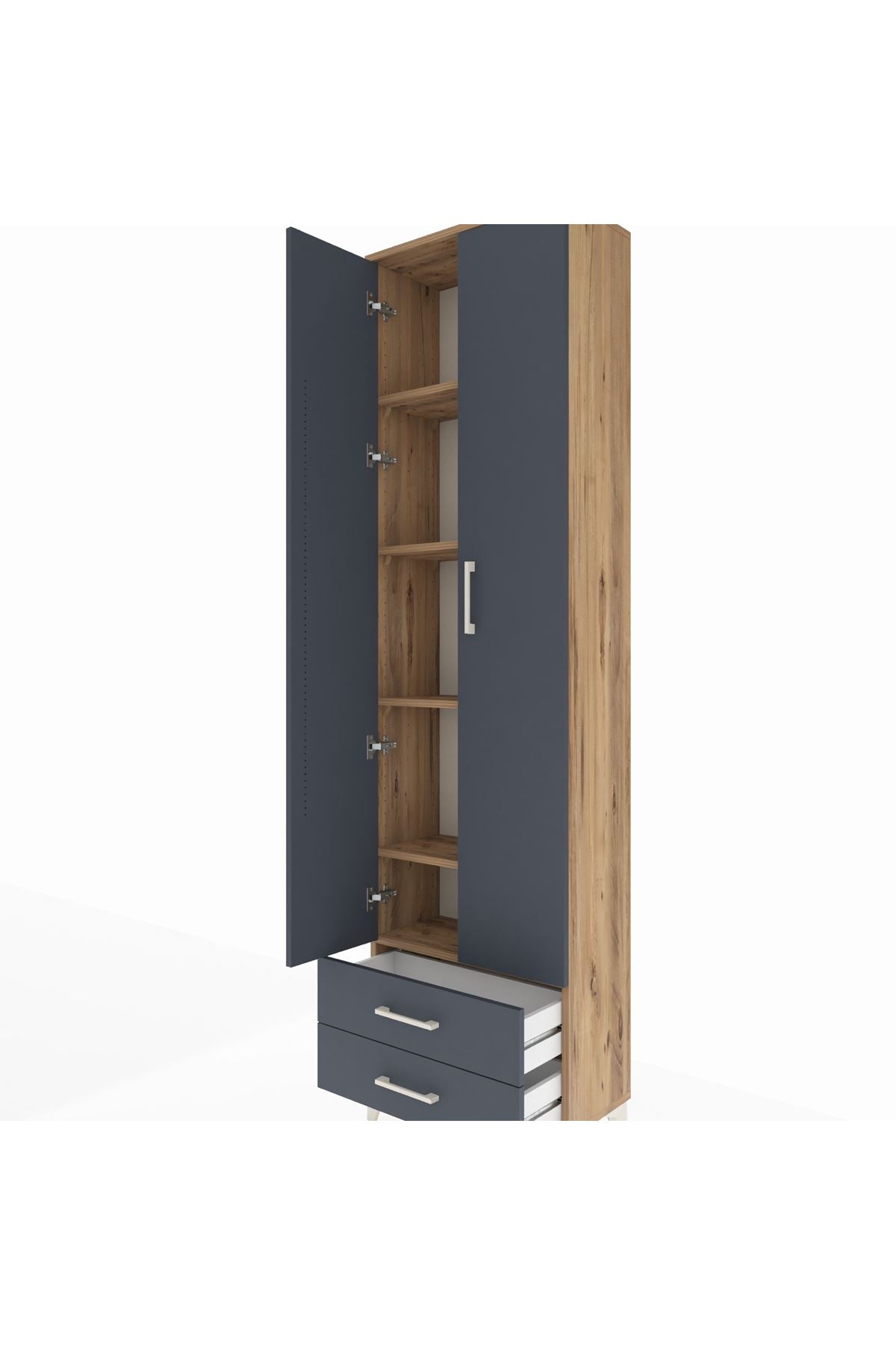 Arges Dolap 5 Raflı 2 Çekmeceli 2 Kapaklı 60x30x221 Çam-Antrasit