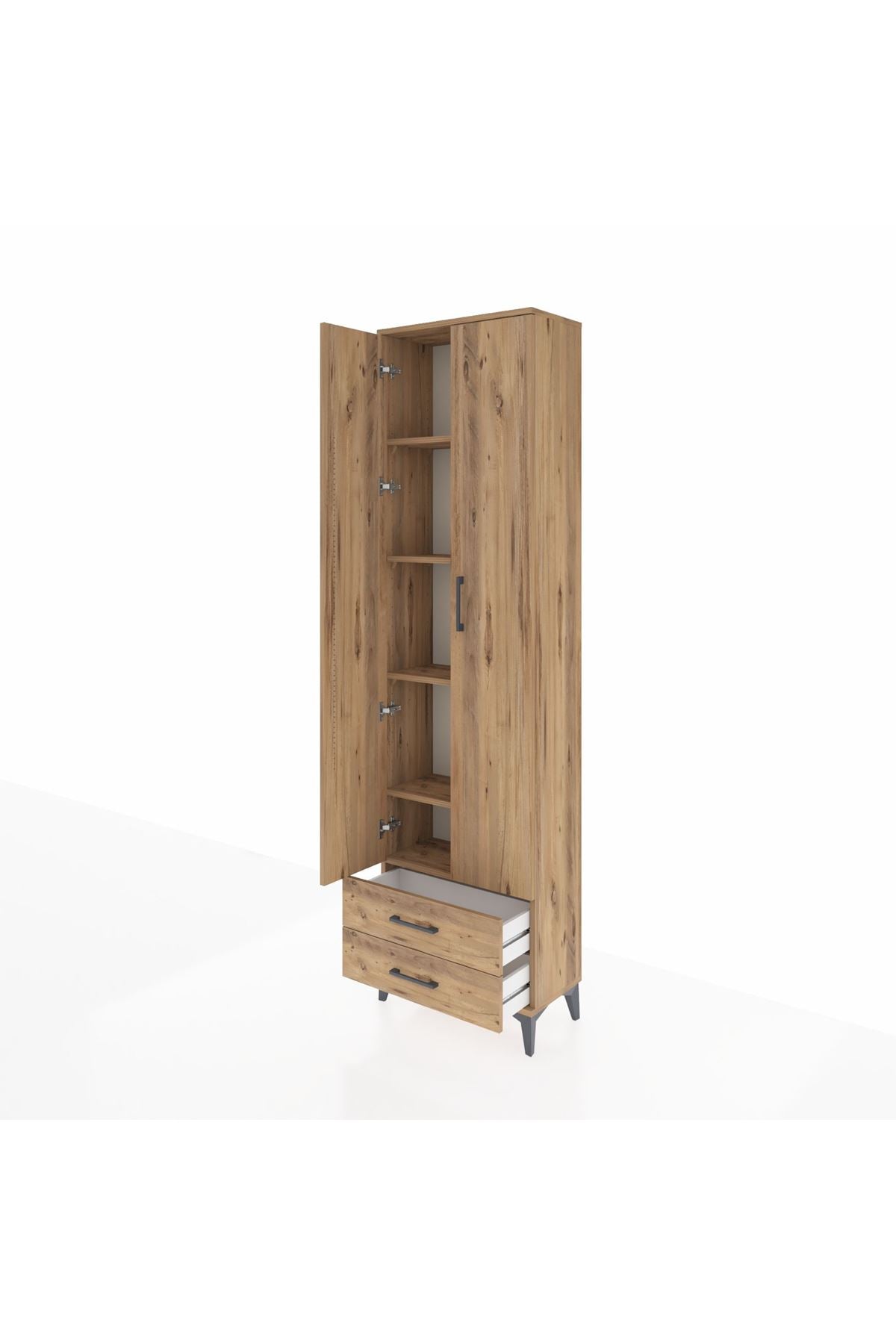 Arges Dolap 5 Raflı 2 Çekmeceli 2 Kapaklı 60x30x221 Çam-Çam