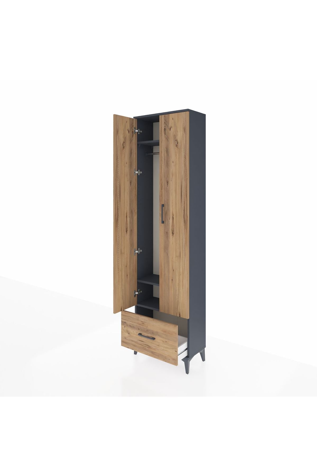 Arges Dolap 3 Raflı Tek Çekmeceli Tek Askılı 60x30x221 Antrasit-Çam