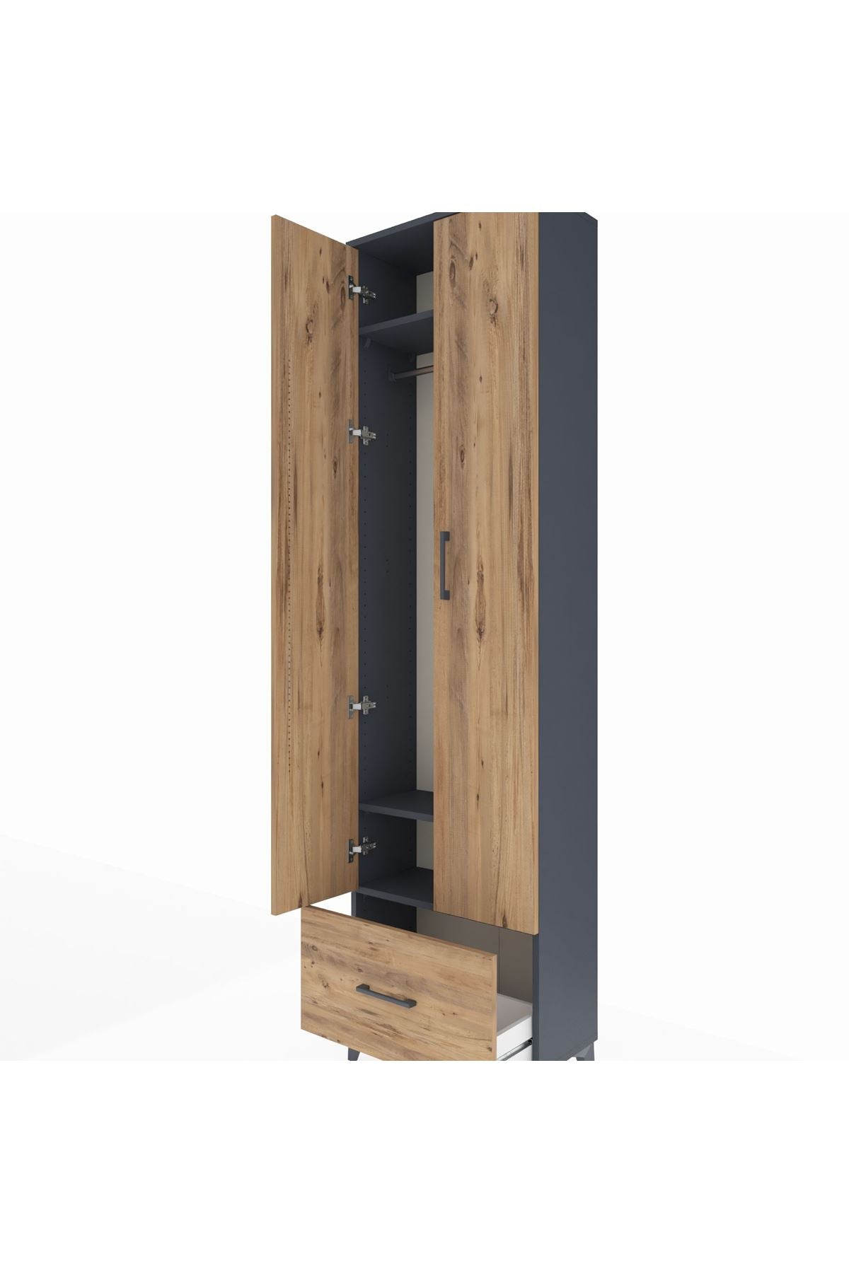 Arges Dolap 3 Raflı Tek Çekmeceli Tek Askılı 60x30x221 Antrasit-Çam