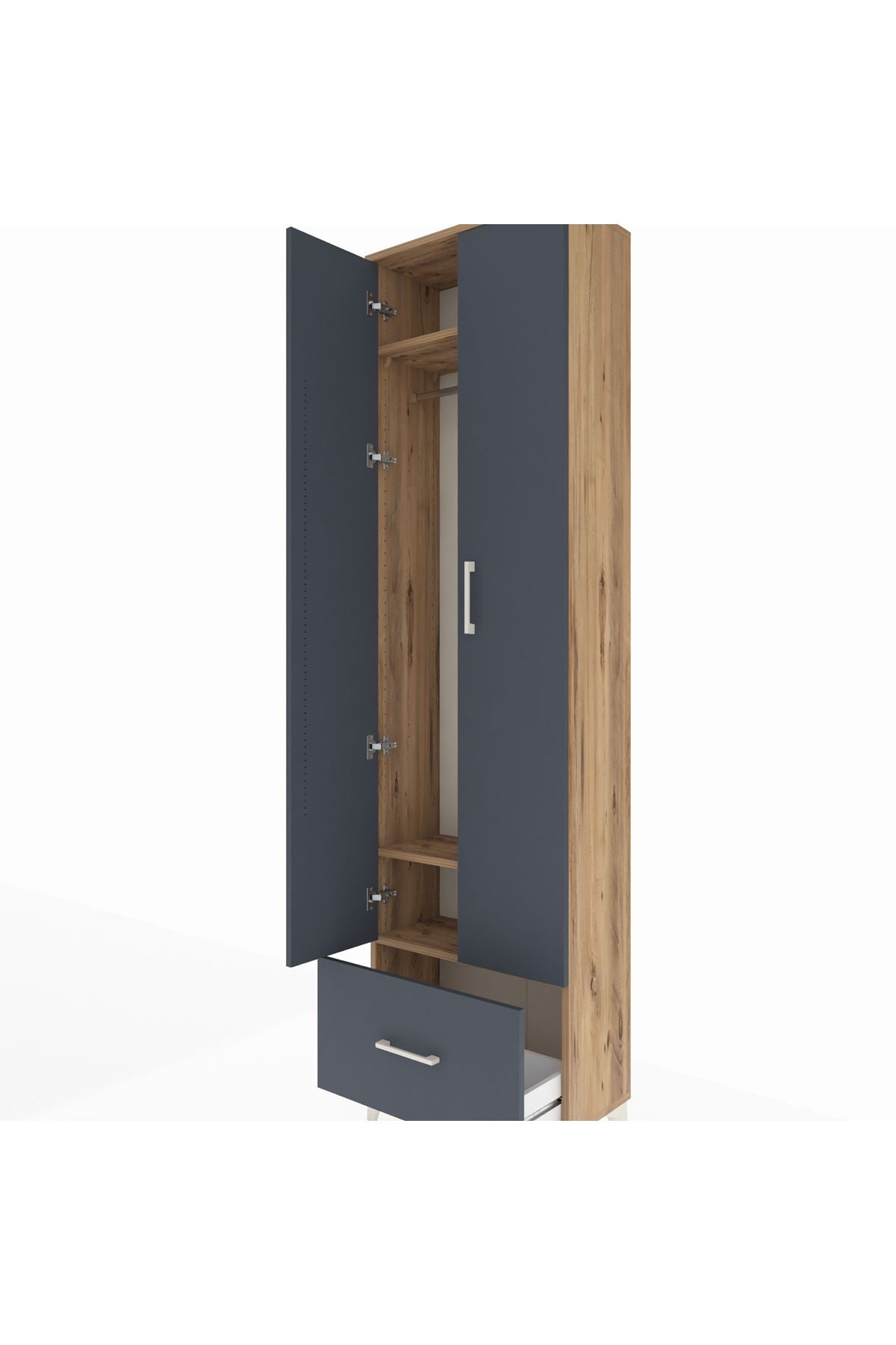 Arges Dolap 3 Raflı Tek Çekmeceli Tek Askılı 60x30x221 Çam-Antrasit