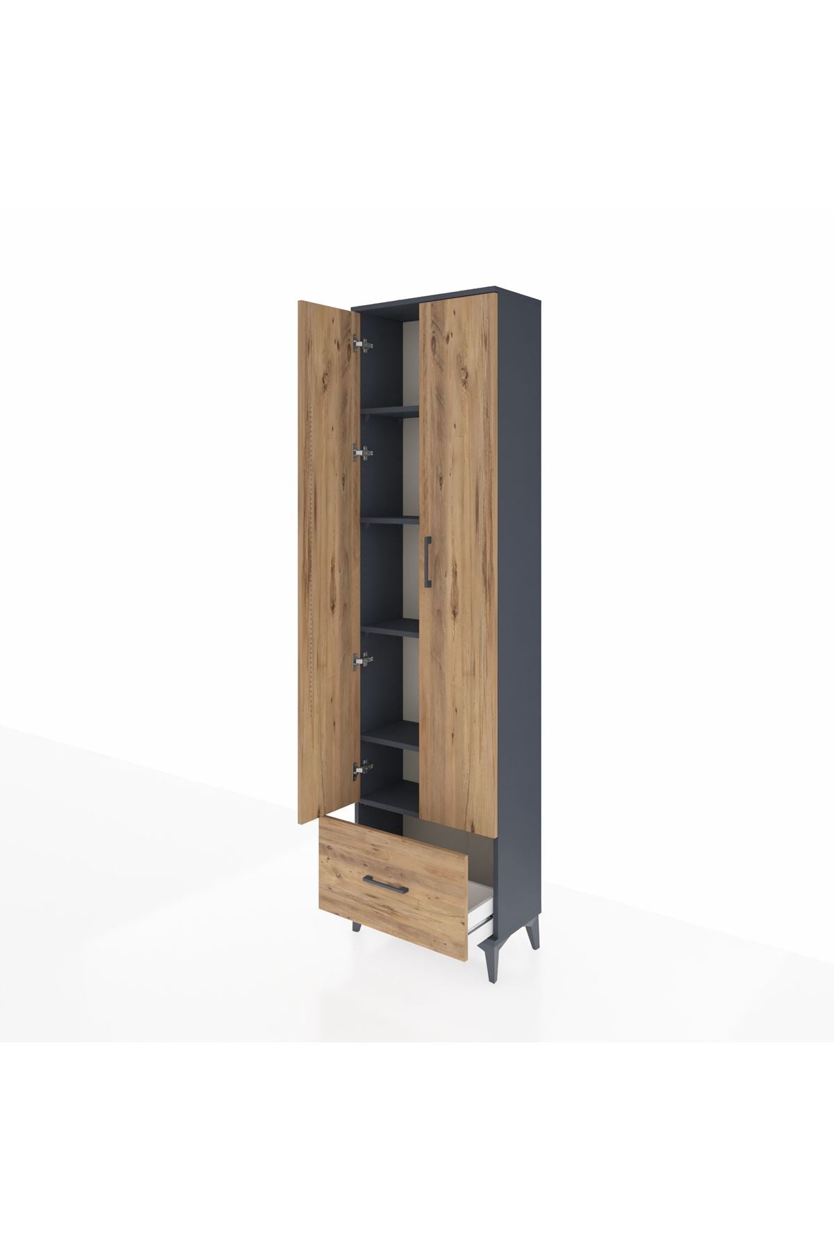 Arges Dolap 5 Raflı Tek Çekmeceli 2 Kapaklı 60x30x221 Antrasit-Çam