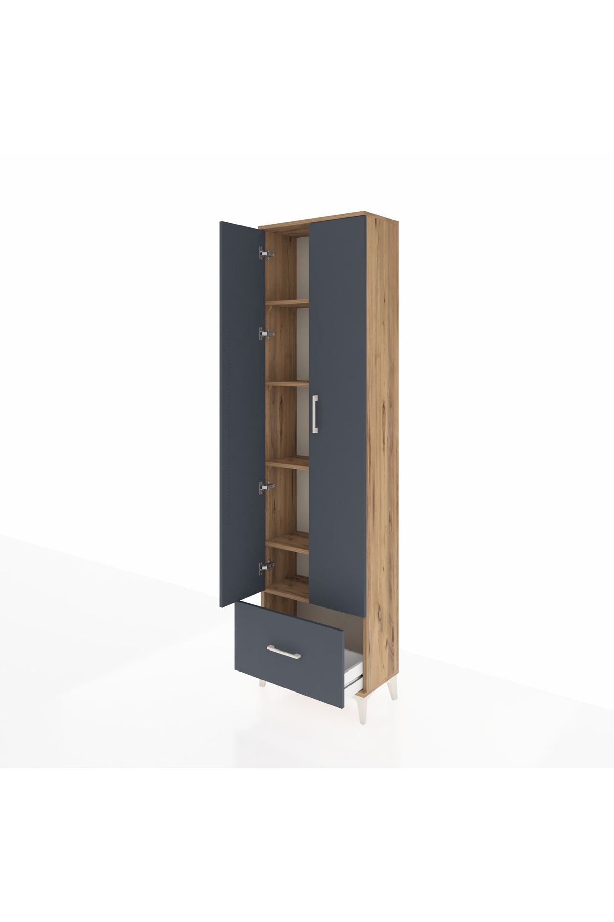 Arges Dolap 5 Raflı Tek Çekmeceli 2 Kapaklı 60x30x221 Çam-Antrasit