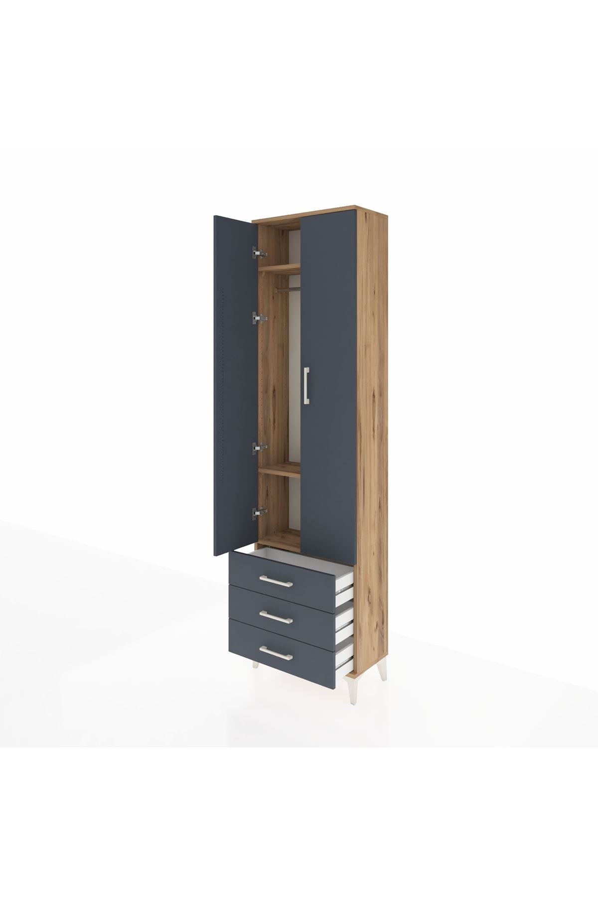 Arges Dolap 3 Raflı 3 Çekmeceli Tek Askılı 60x30x221 Çam-Antrasit