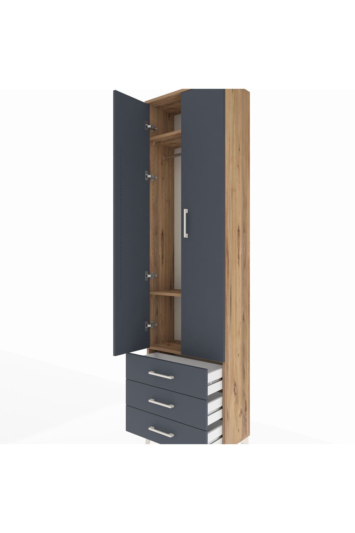 Arges Dolap 3 Raflı 3 Çekmeceli Tek Askılı 60x30x221 Çam-Antrasit
